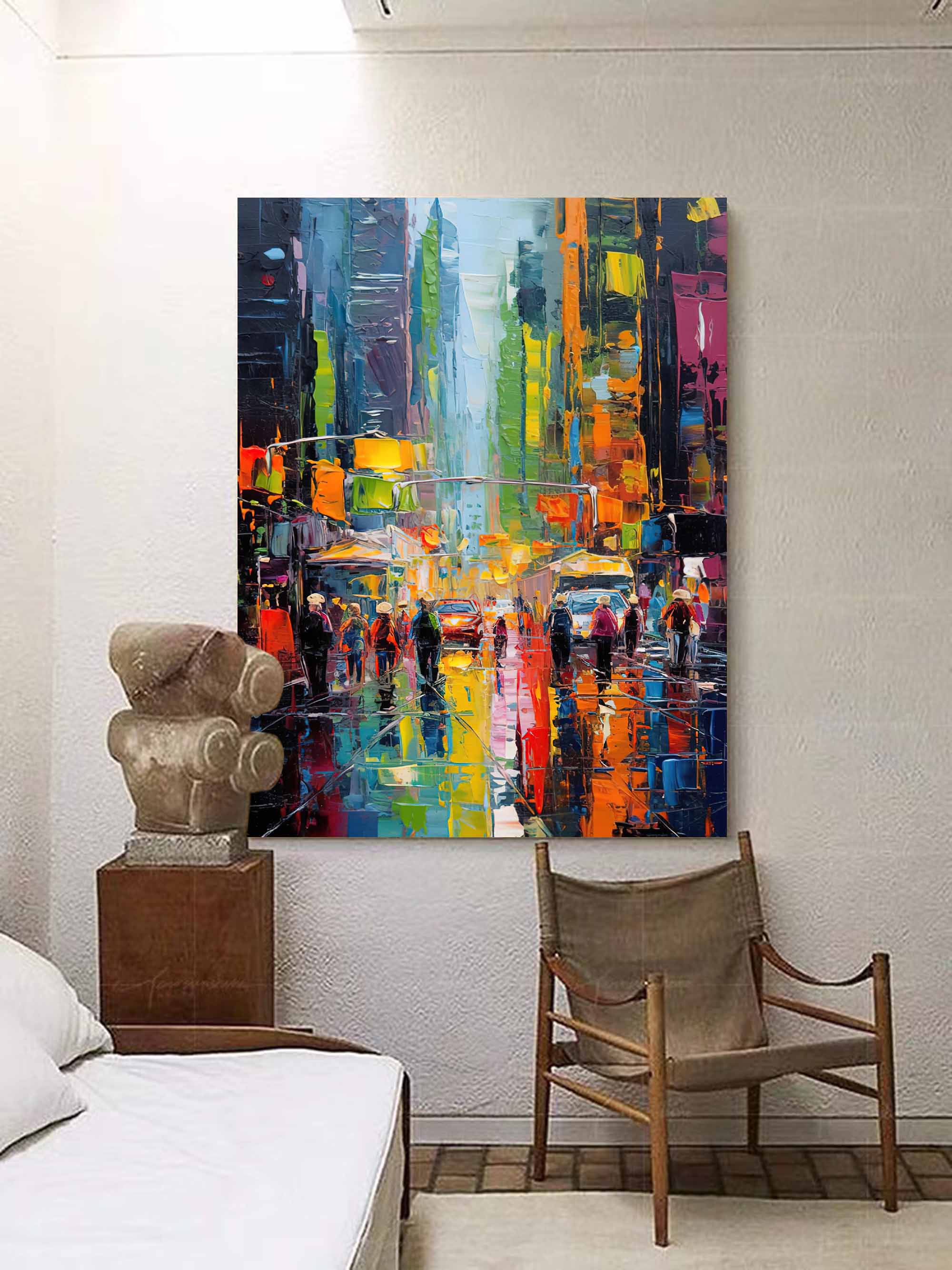 Wallart Rainy City Night Lights Oil Painting