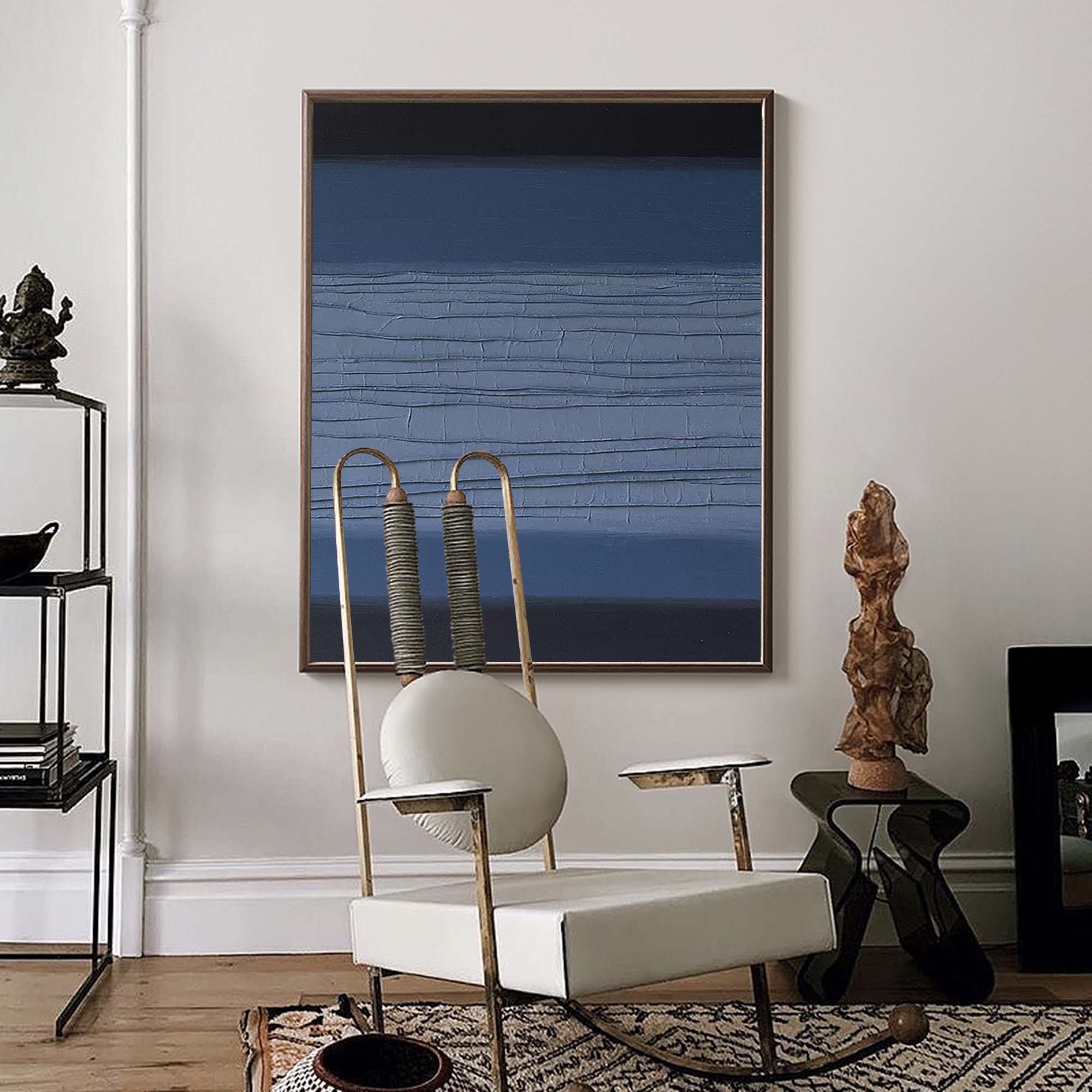 Wallart Textured Blue and Black Abstract Oil Painting – Contemporary Wall Art