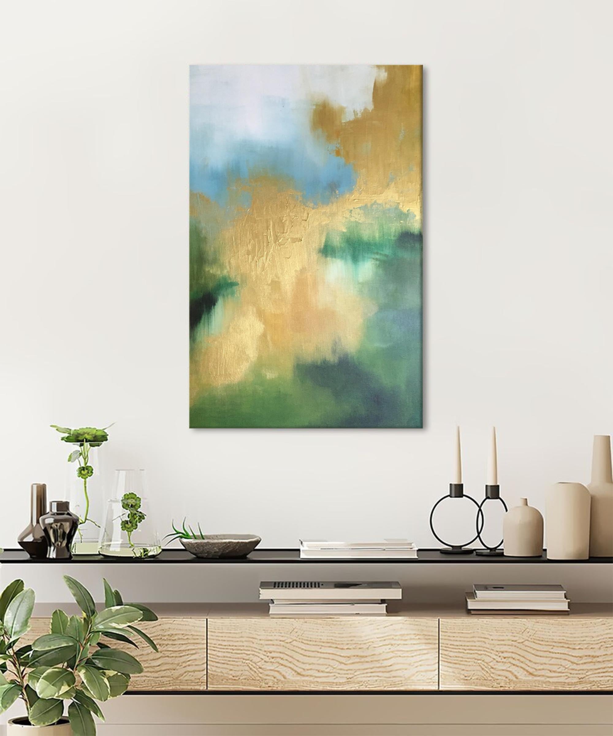 Wallart Abstract Gold and Green Oil Art