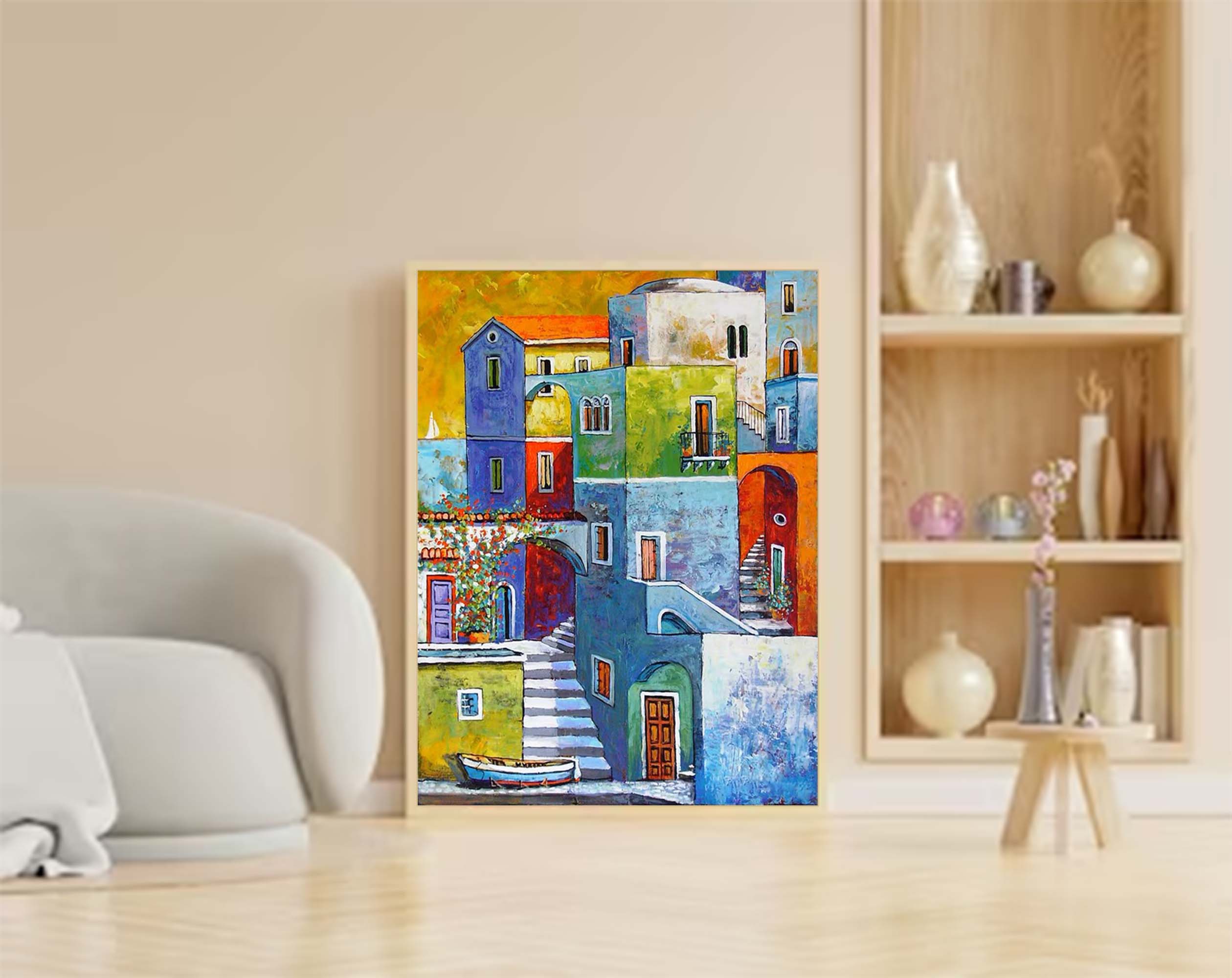 Wallart Colorful Mediterranean Townscape Art