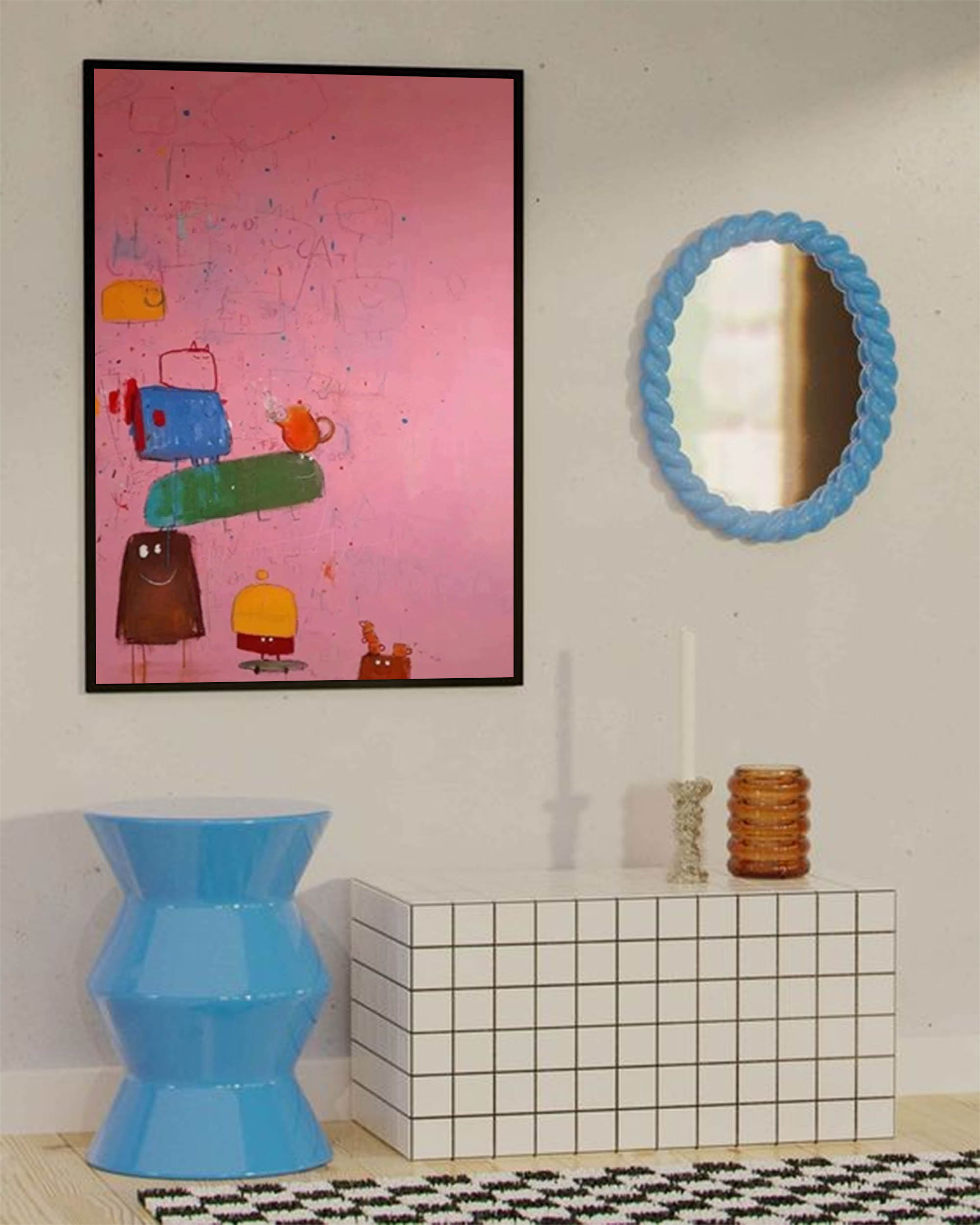 Wallart Playful Stacked Characters Pink Abstract Canvas Art