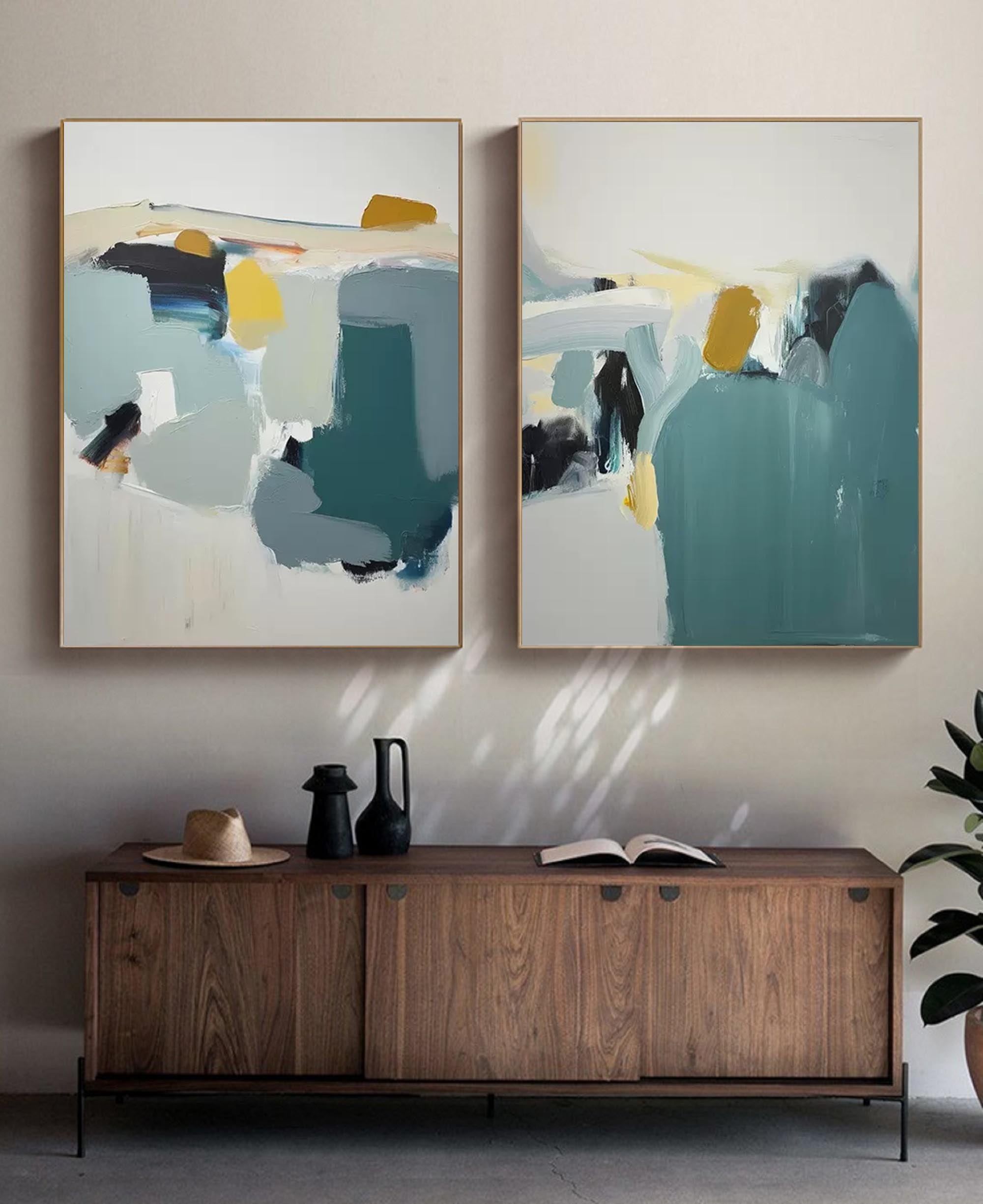 Wallart Abstract Diptych in Teal and Gold