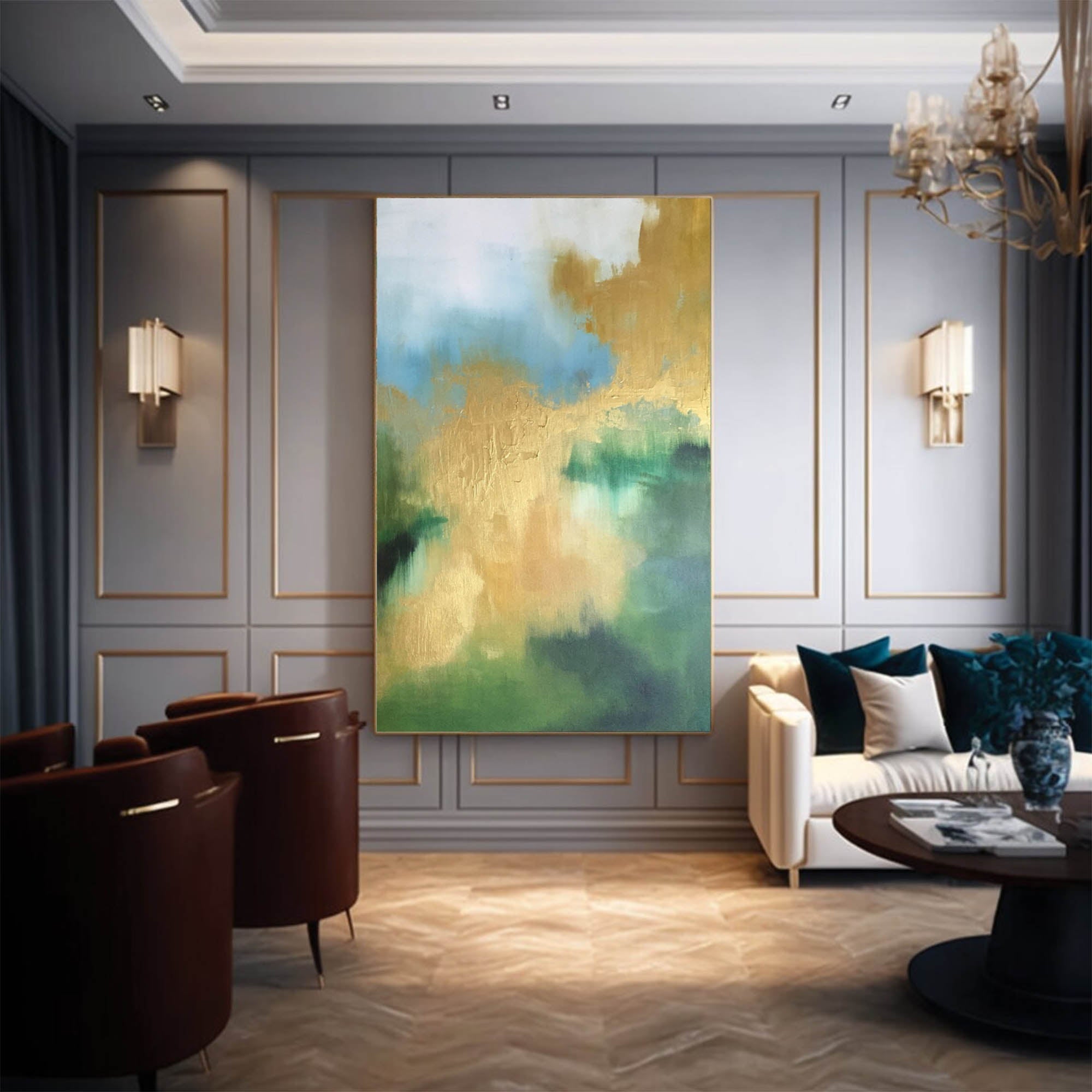 Wallart Abstract Gold and Green Oil Art