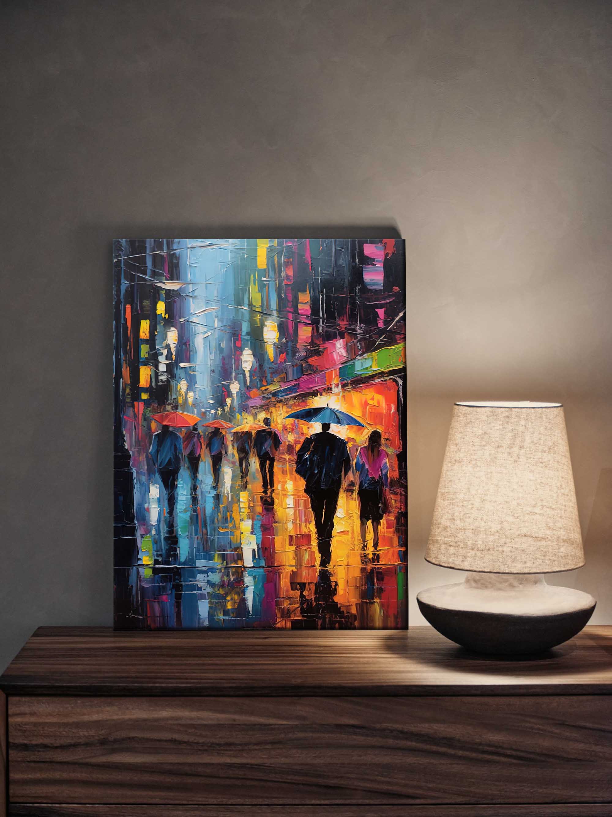 Wallart Rainy Night City Stroll Oil Painting