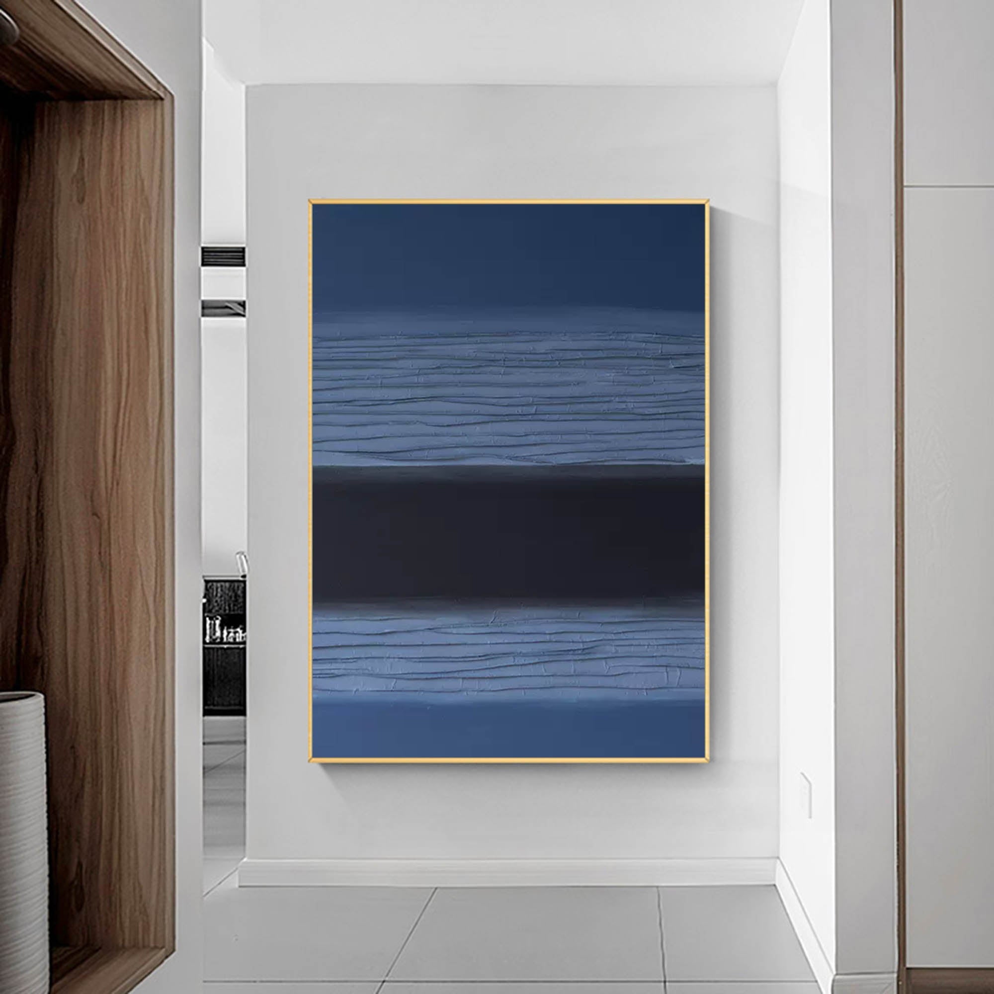 Wallart Modern Blue and Black Minimalist Oil Painting – Textured Abstract Art