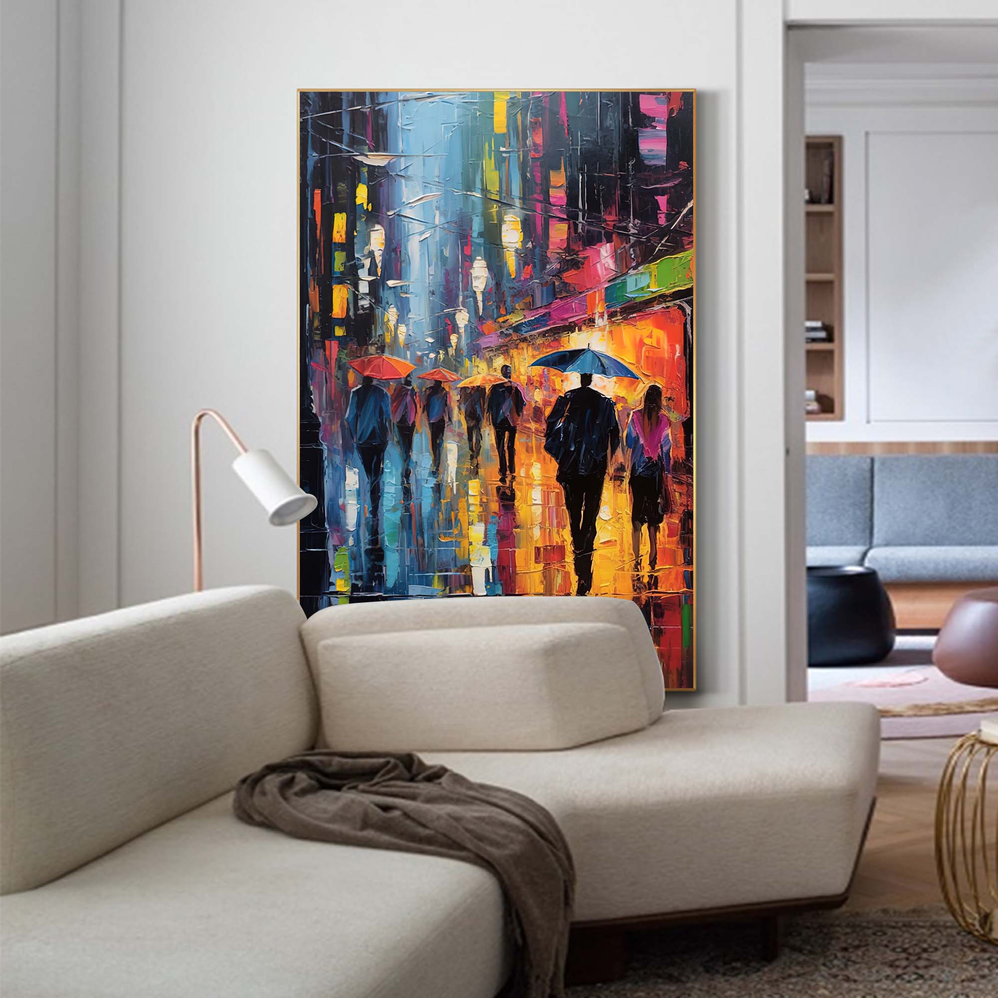 Wallart Rainy Night City Stroll Oil Painting