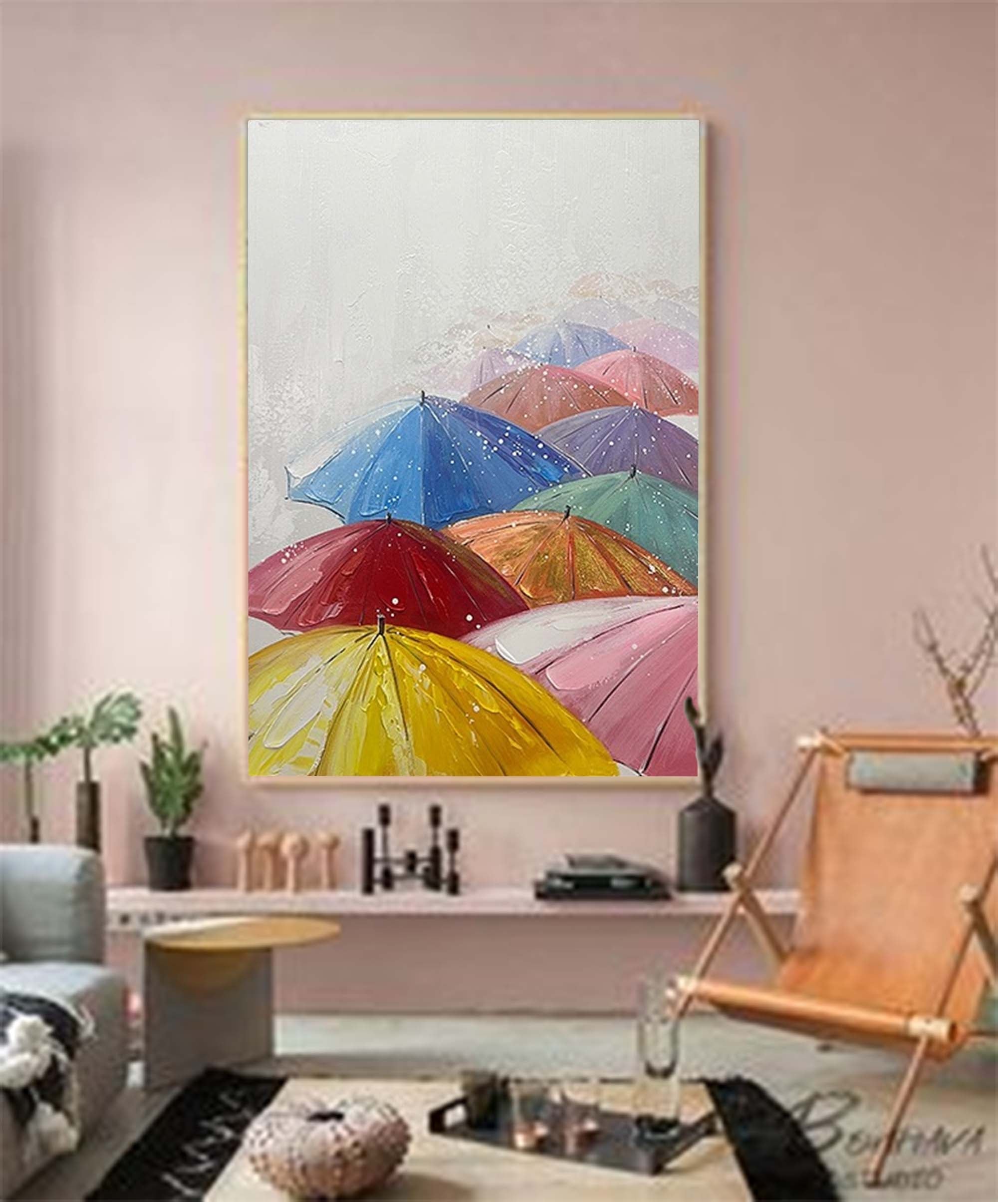 Wallart Colorful Umbrellas in the Rain Canvas Art