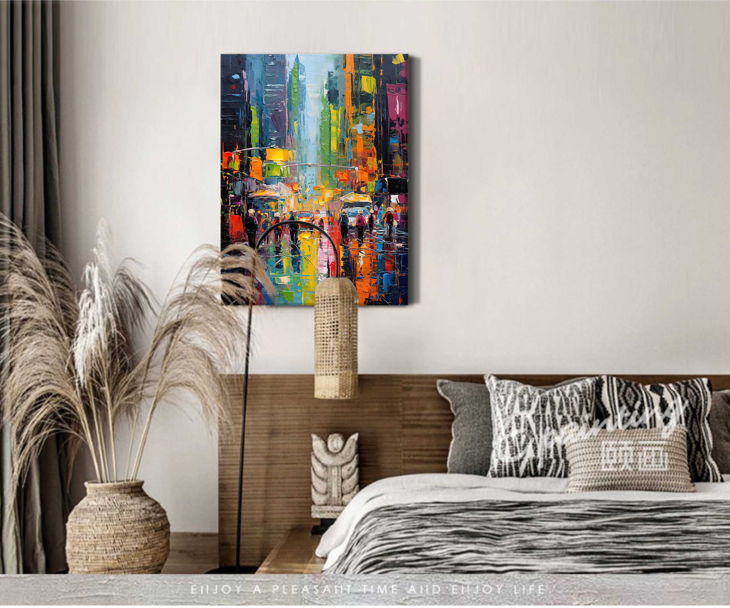 Wallart Rainy City Night Lights Oil Painting