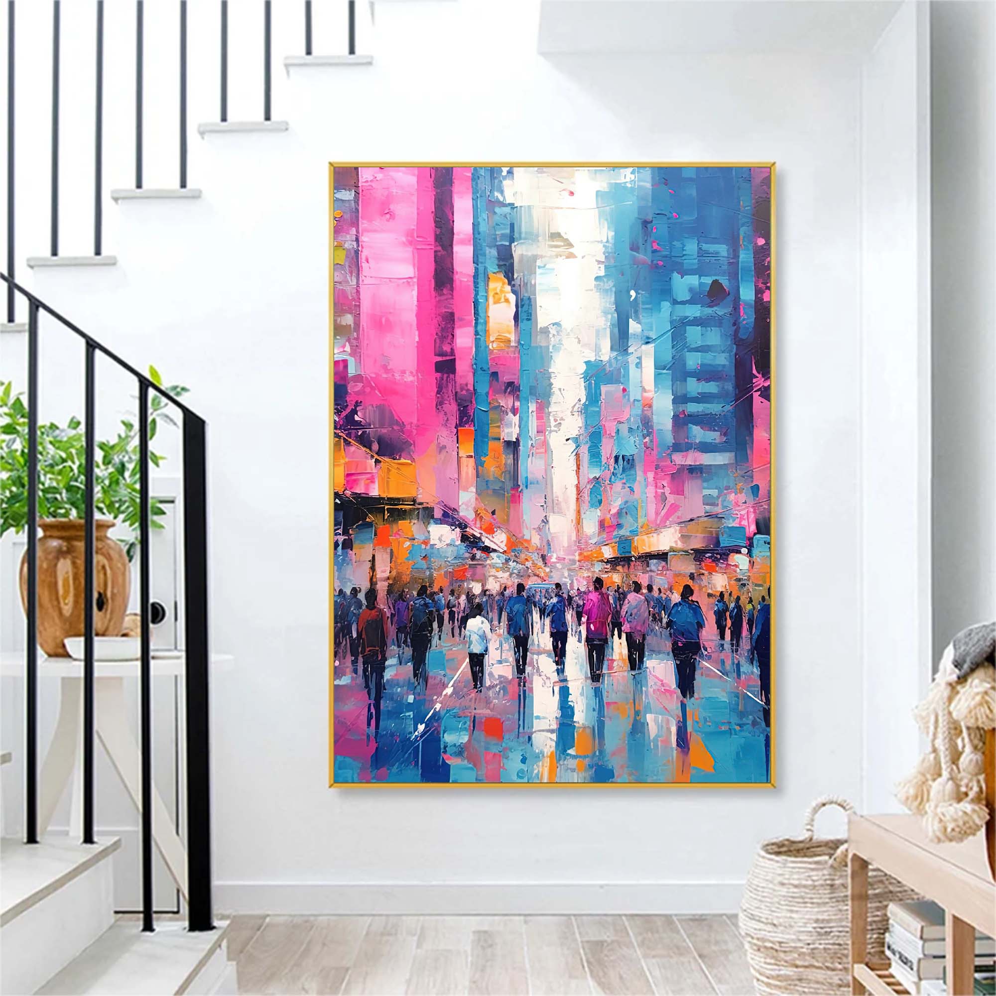 Wallart Vibrant Urban Crowd Abstract Oil Painting