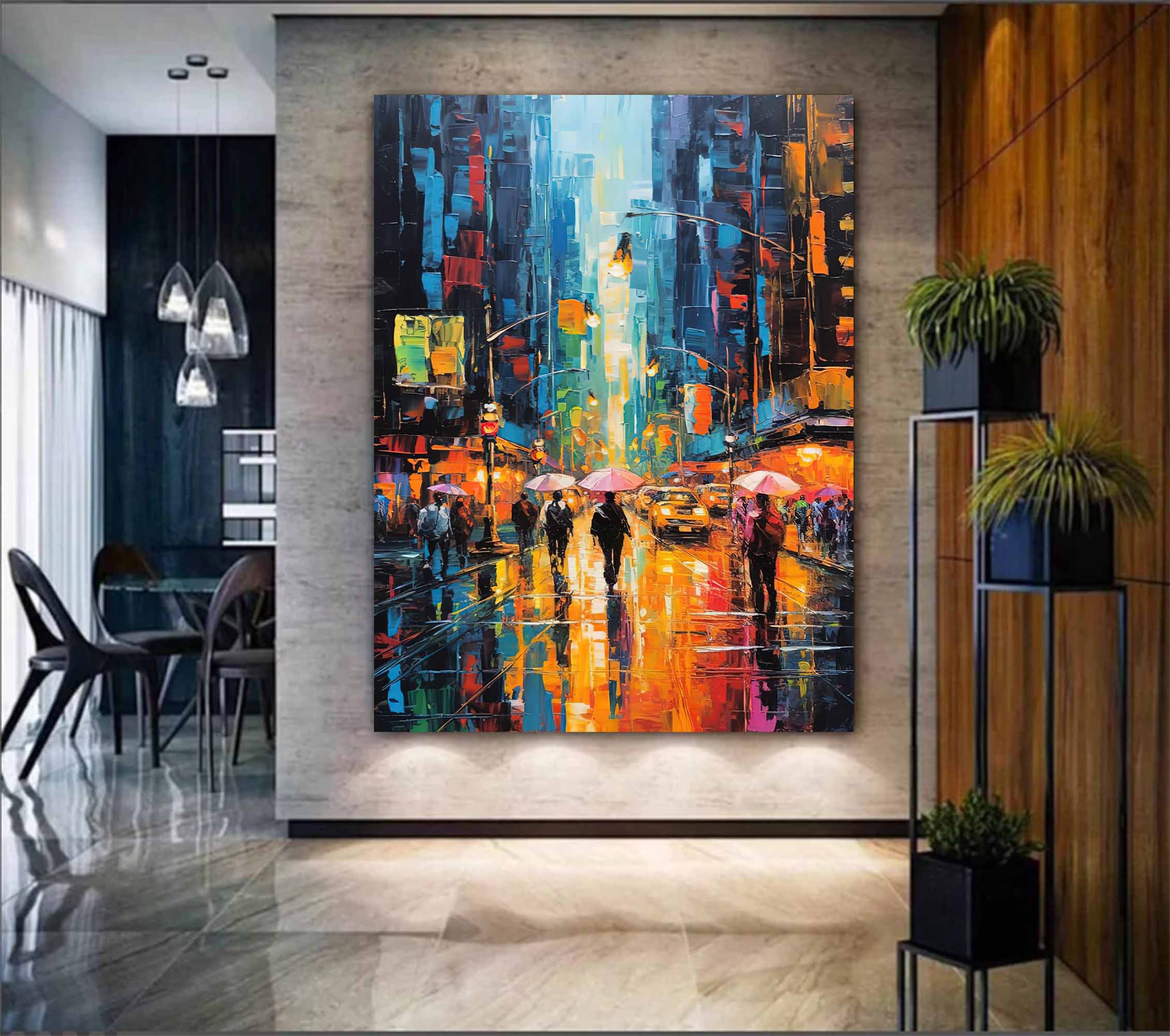 Wallart City Lights Rainy Street Canvas