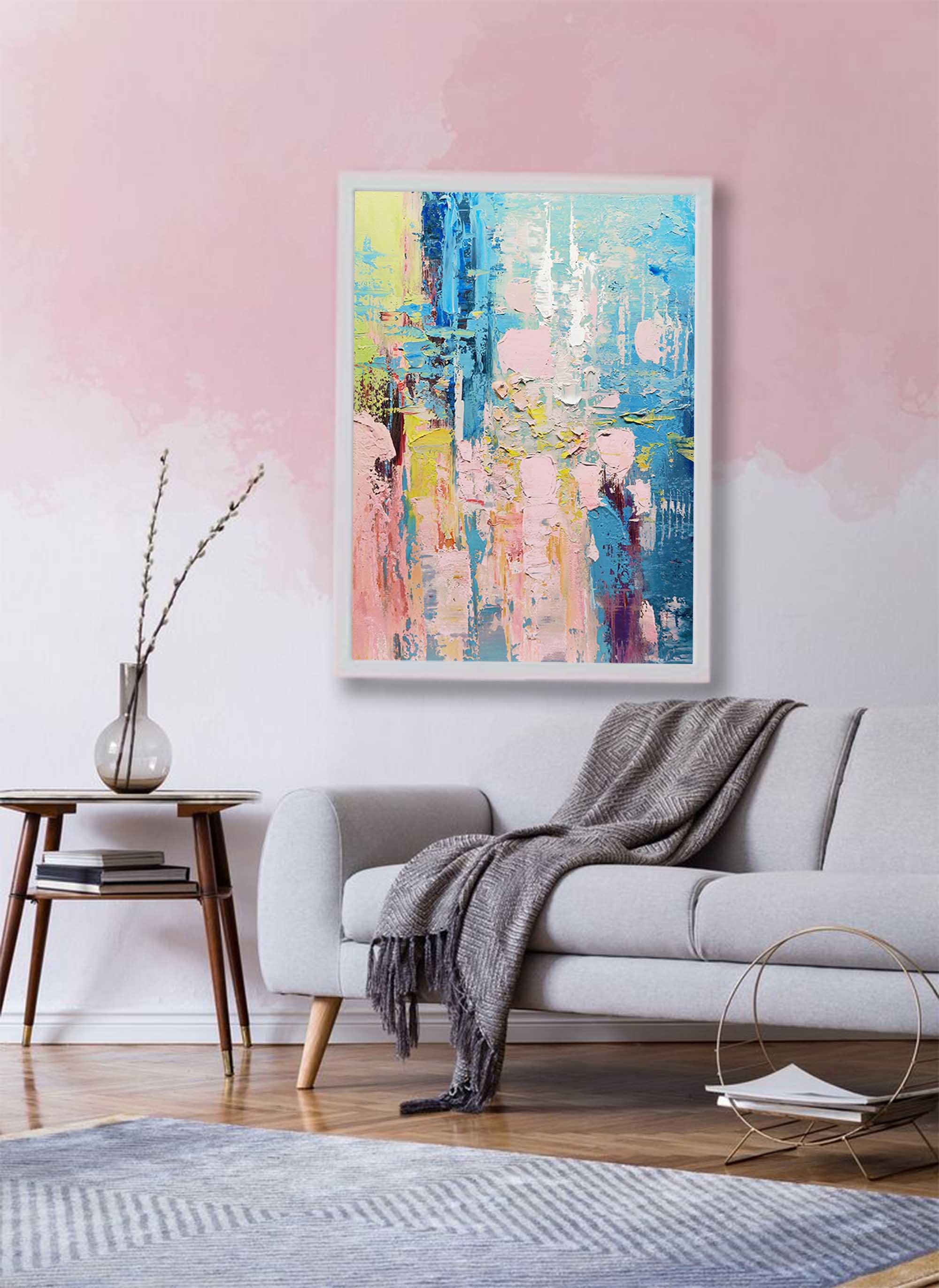 Wallart Serene Blue and Pink Abstract Textured Canvas Art