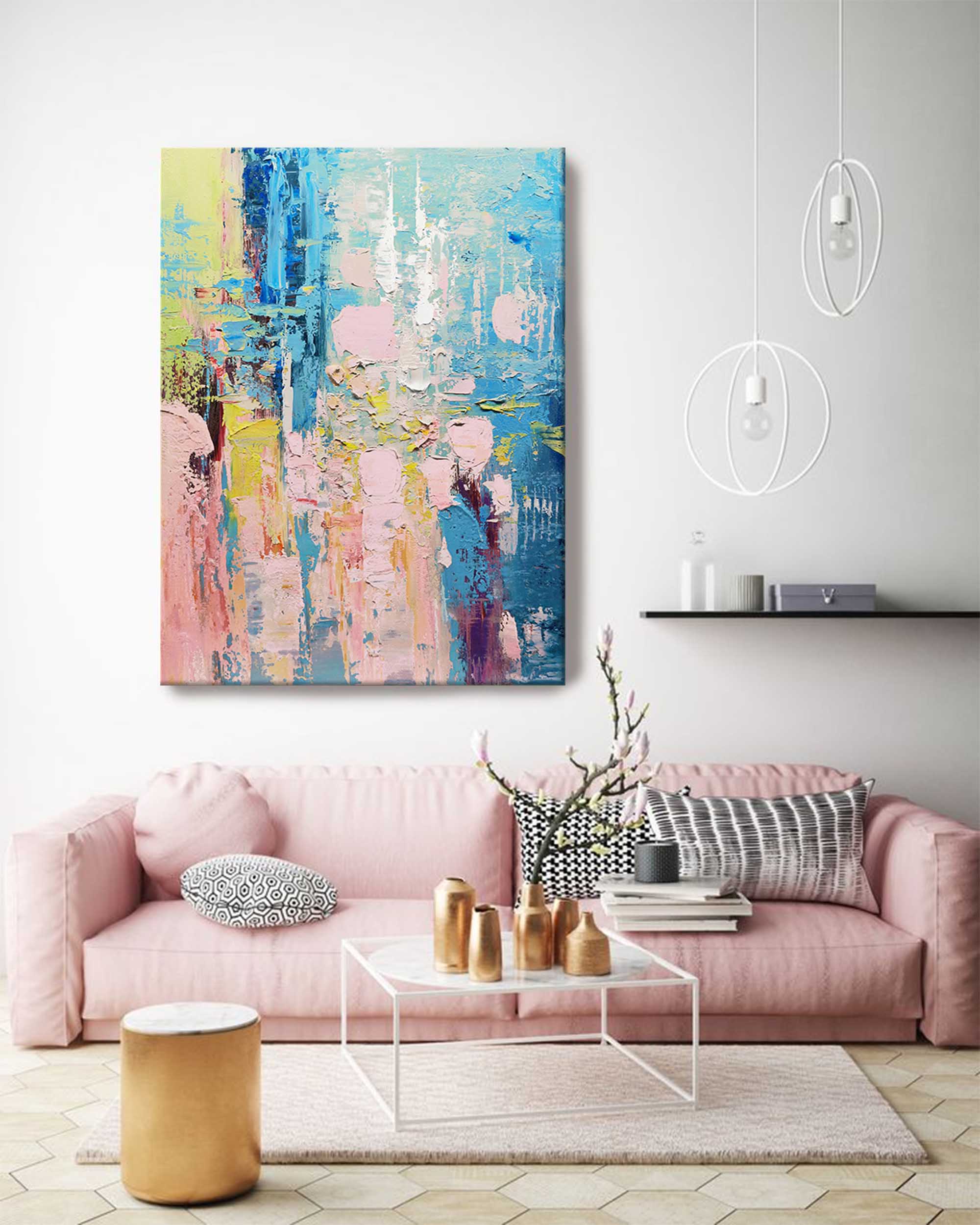 Wallart Serene Blue and Pink Abstract Textured Canvas Art