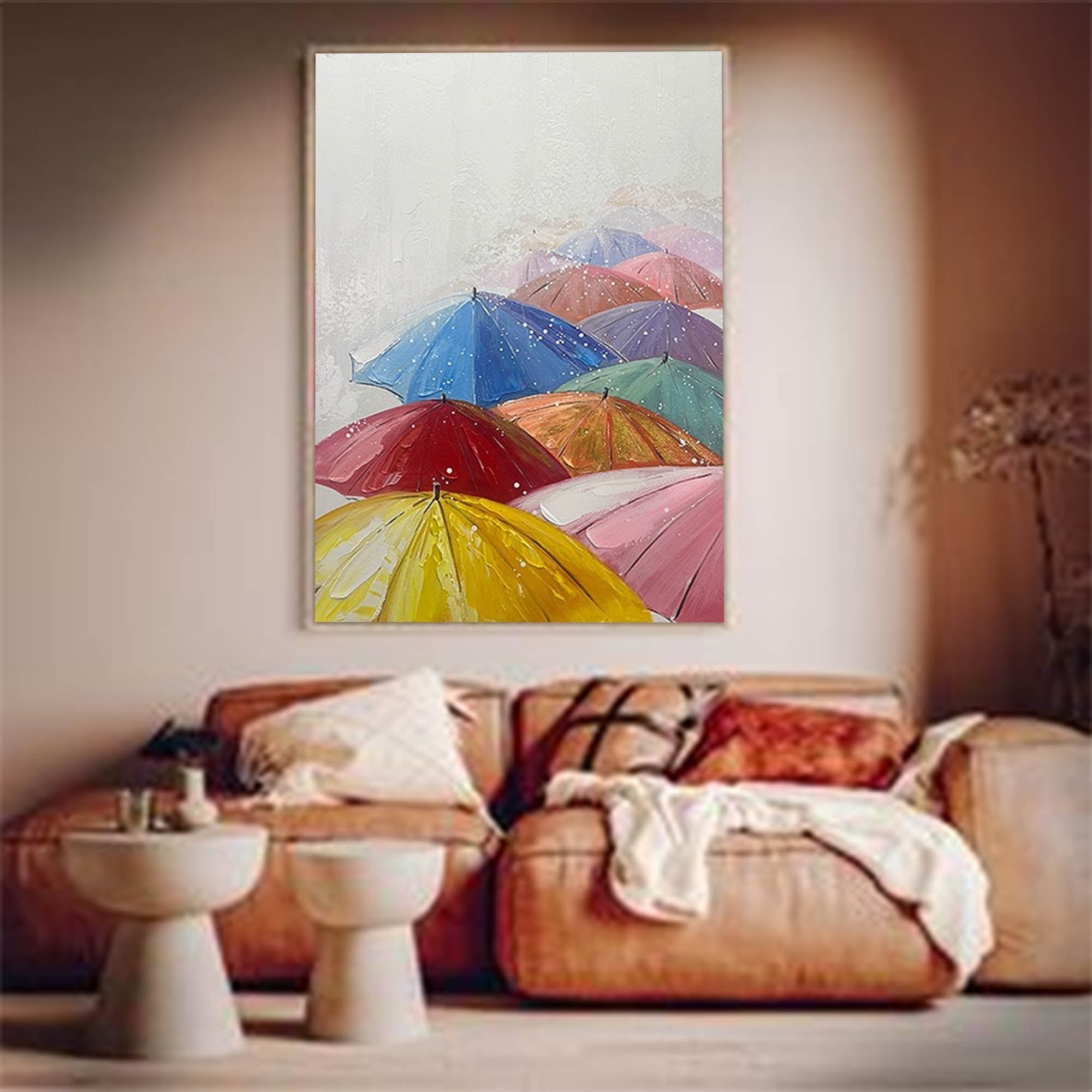 Wallart Colorful Umbrellas in the Rain Canvas Art