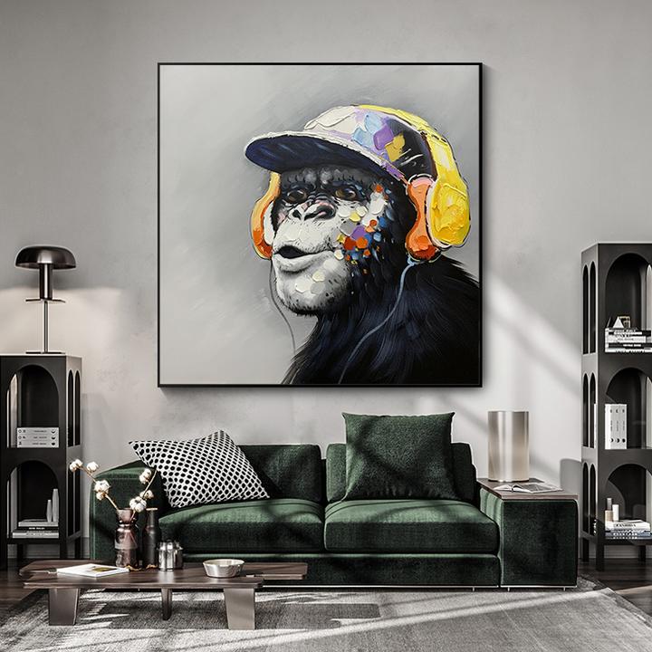 Monkey wearing headphones oil painting modern pop art style