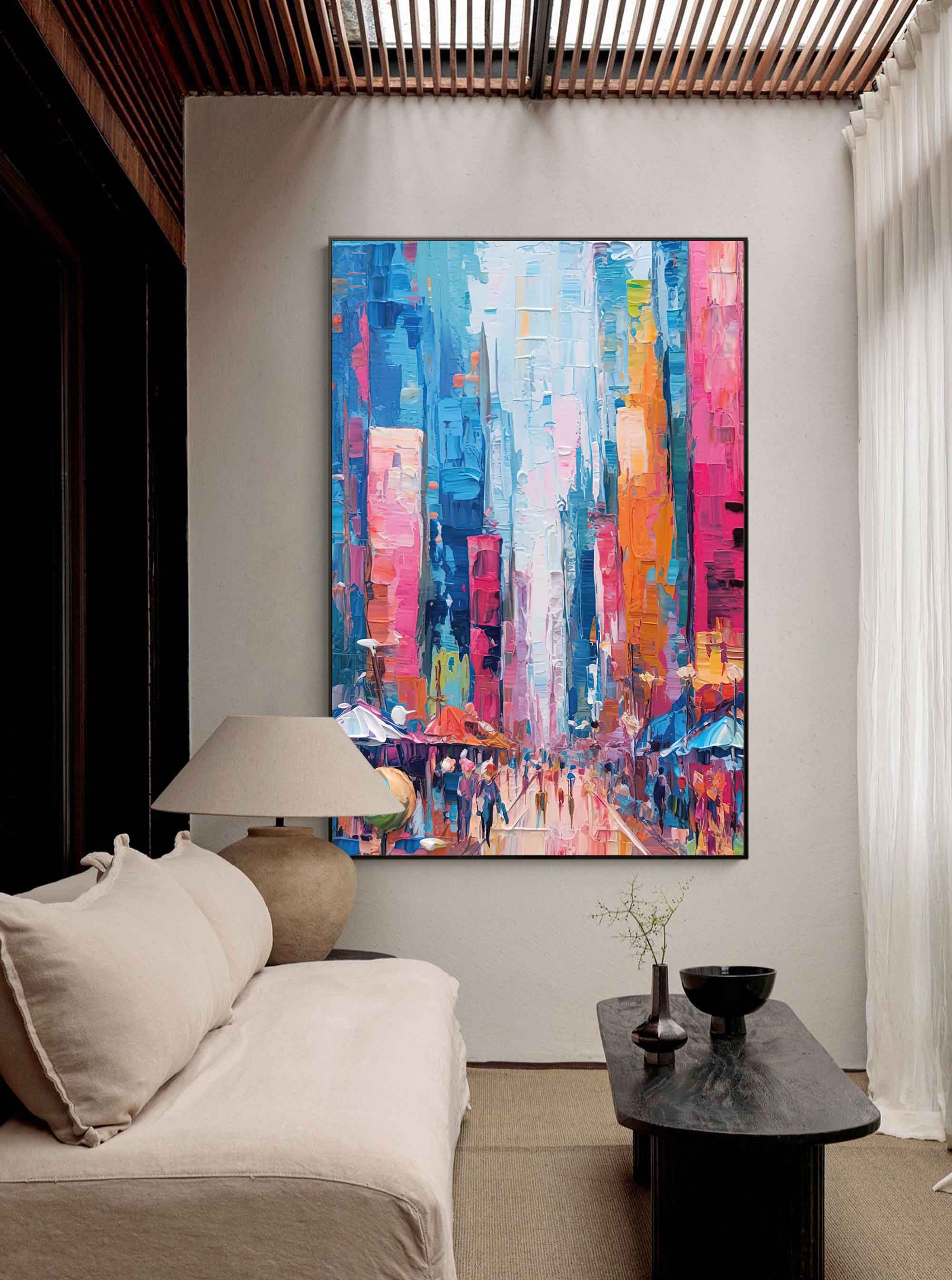 Vibrant City Skyline Oil Painting