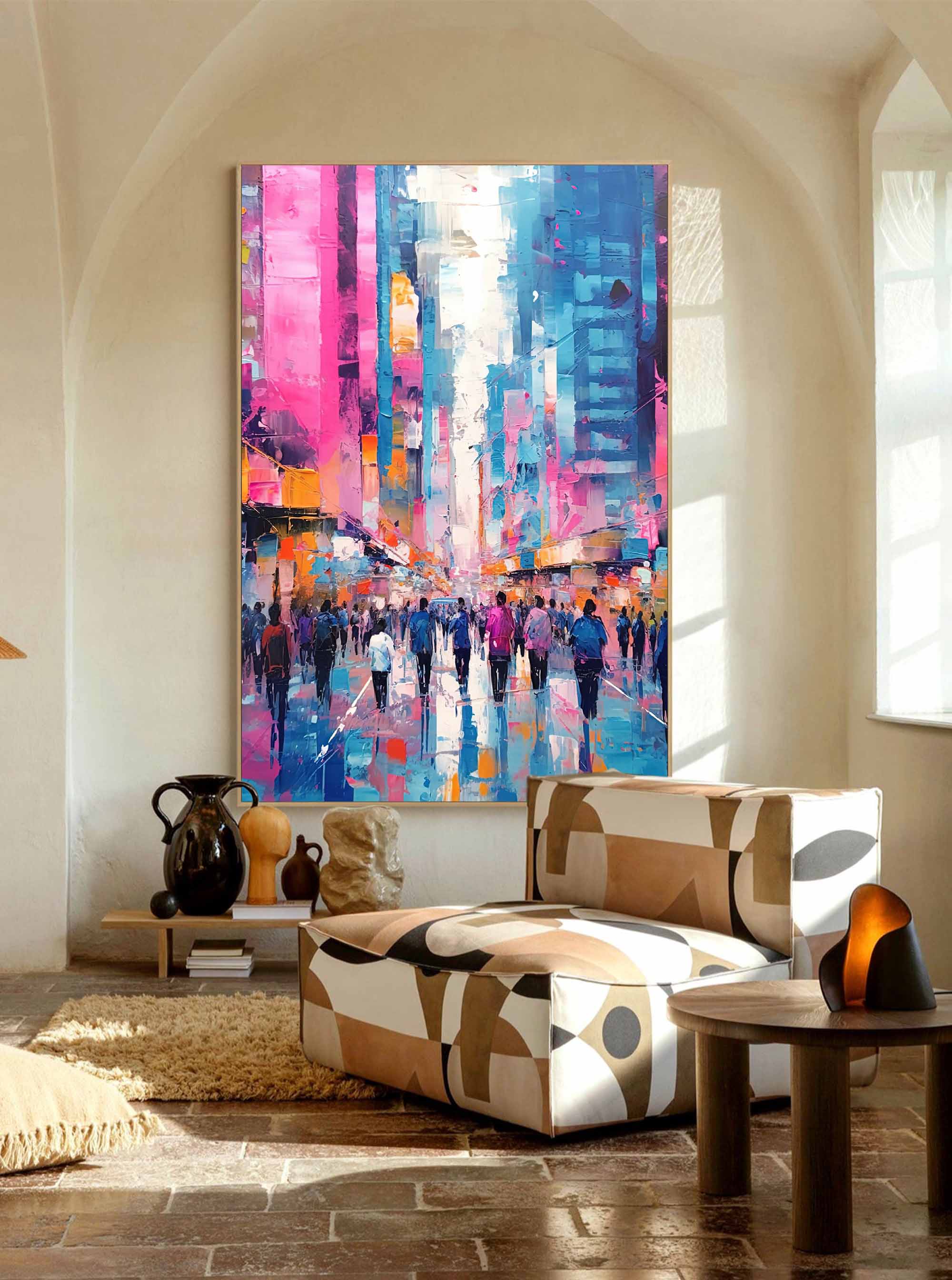 Wallart Vibrant Urban Crowd Abstract Oil Painting