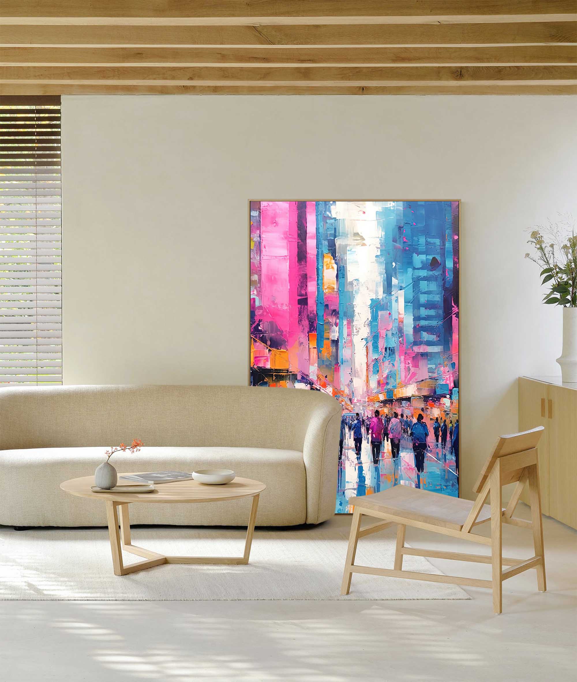 Wallart Vibrant Urban Crowd Abstract Oil Painting