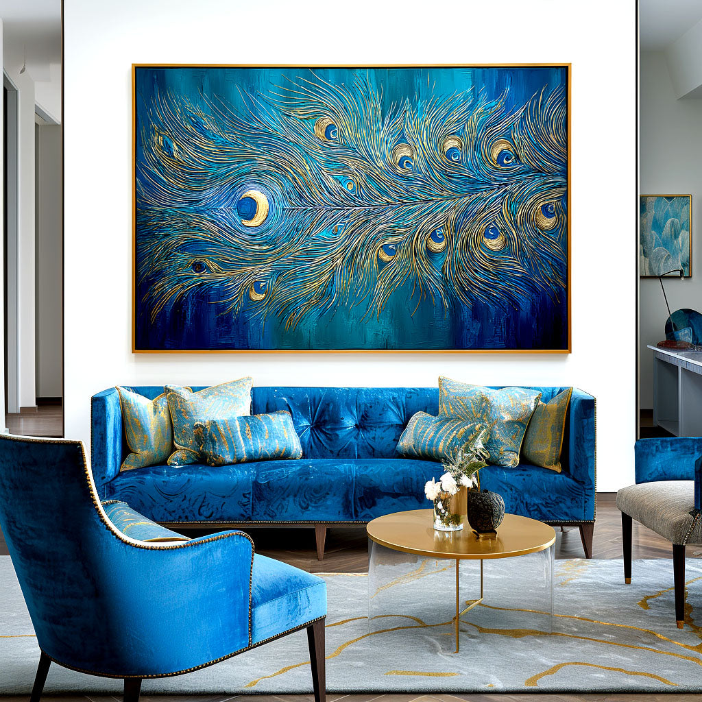 Radiant Feather - Textured Blue and Gold Abstract Oil Painting