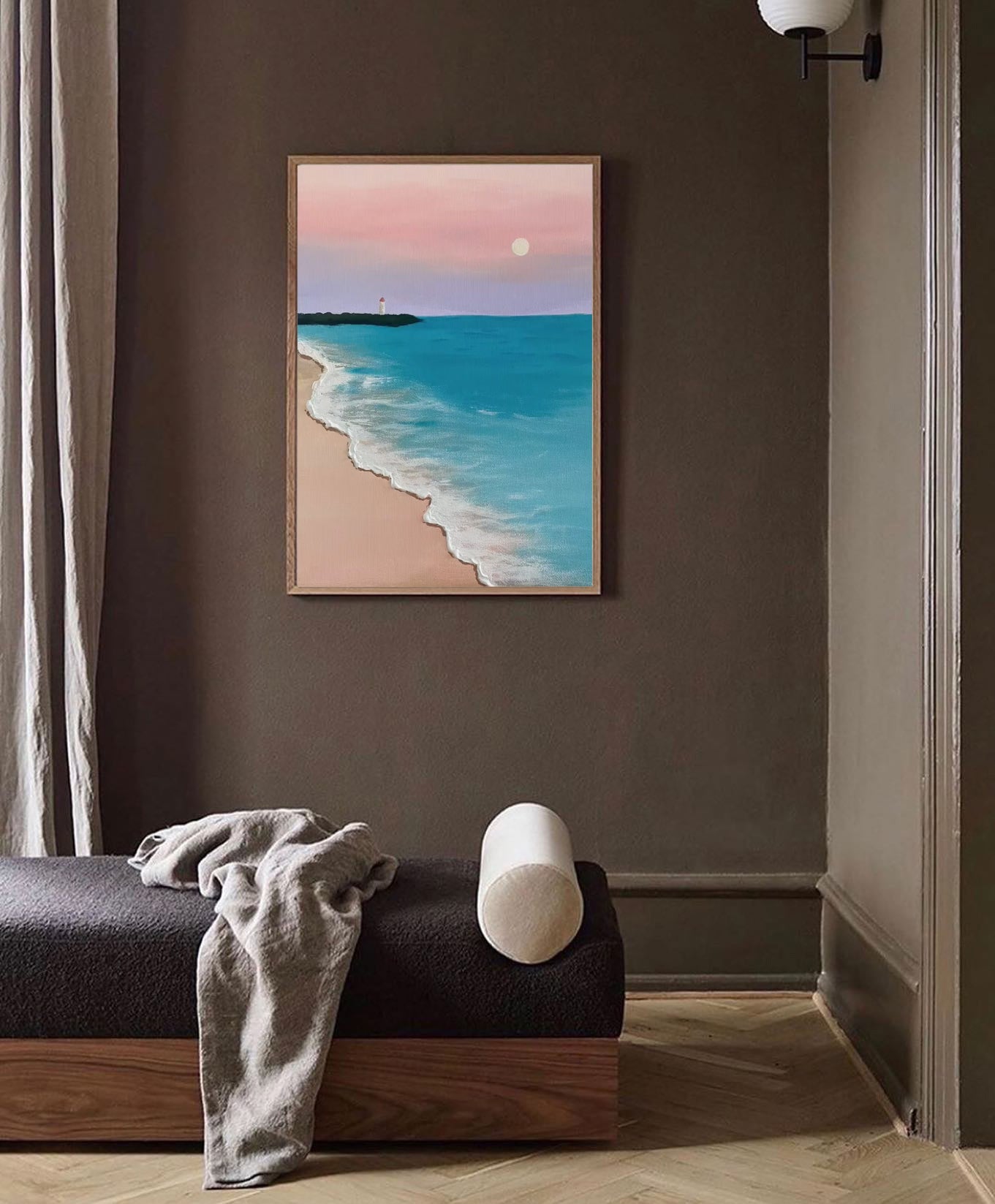 Wallart Serene Beach with Lighthouse Sunset