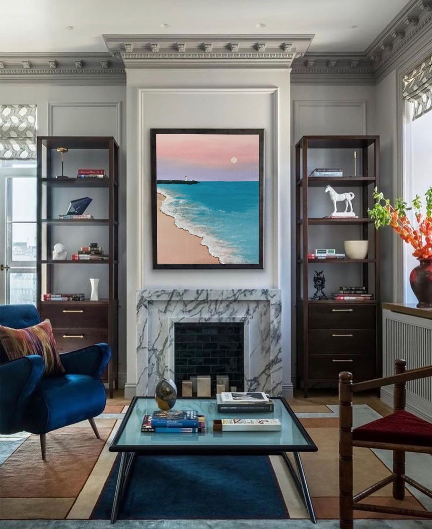 Wallart Serene Beach with Lighthouse Sunset