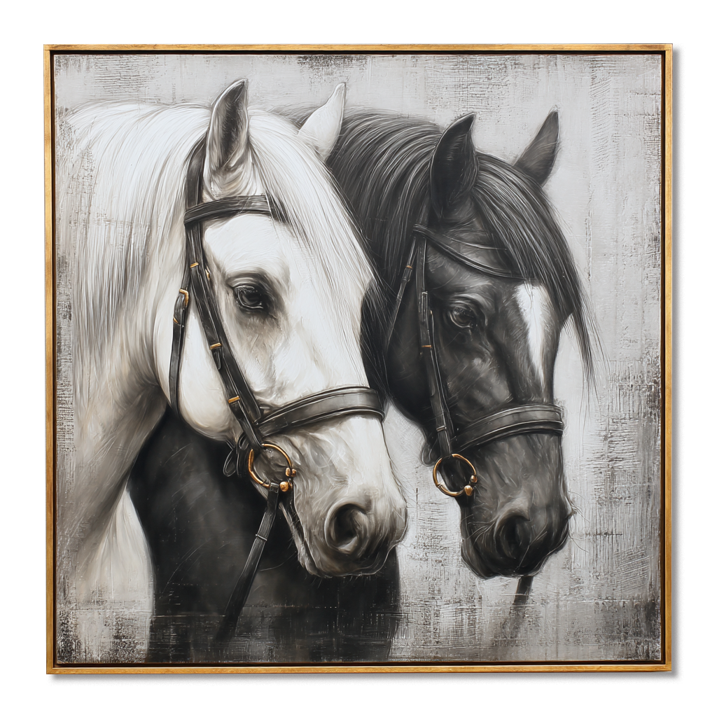 Black and White Horse Portrait Wall Art – Realistic Horse Canvas Painting