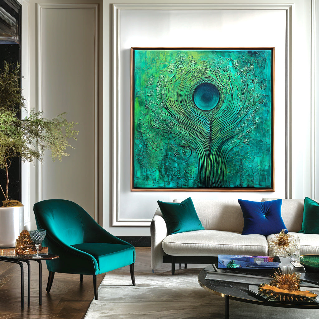 Emerald Pulse - Textured Blue and Green Abstract Feather Oil Painting