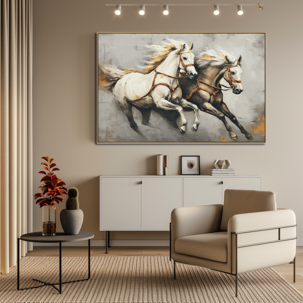 White Galloping Horse Canvas Art – Modern Abstract Horse Wall Decor
