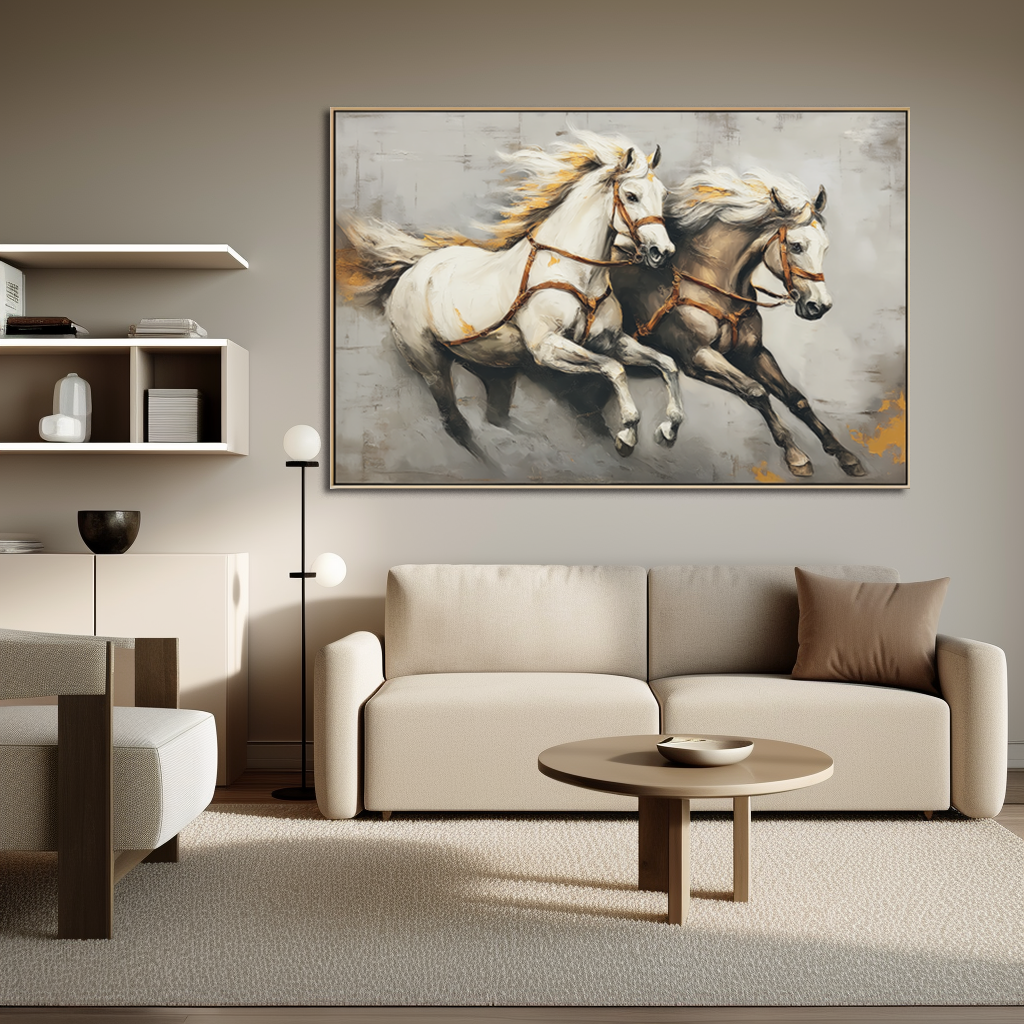 White Galloping Horse Canvas Art – Modern Abstract Horse Wall Decor