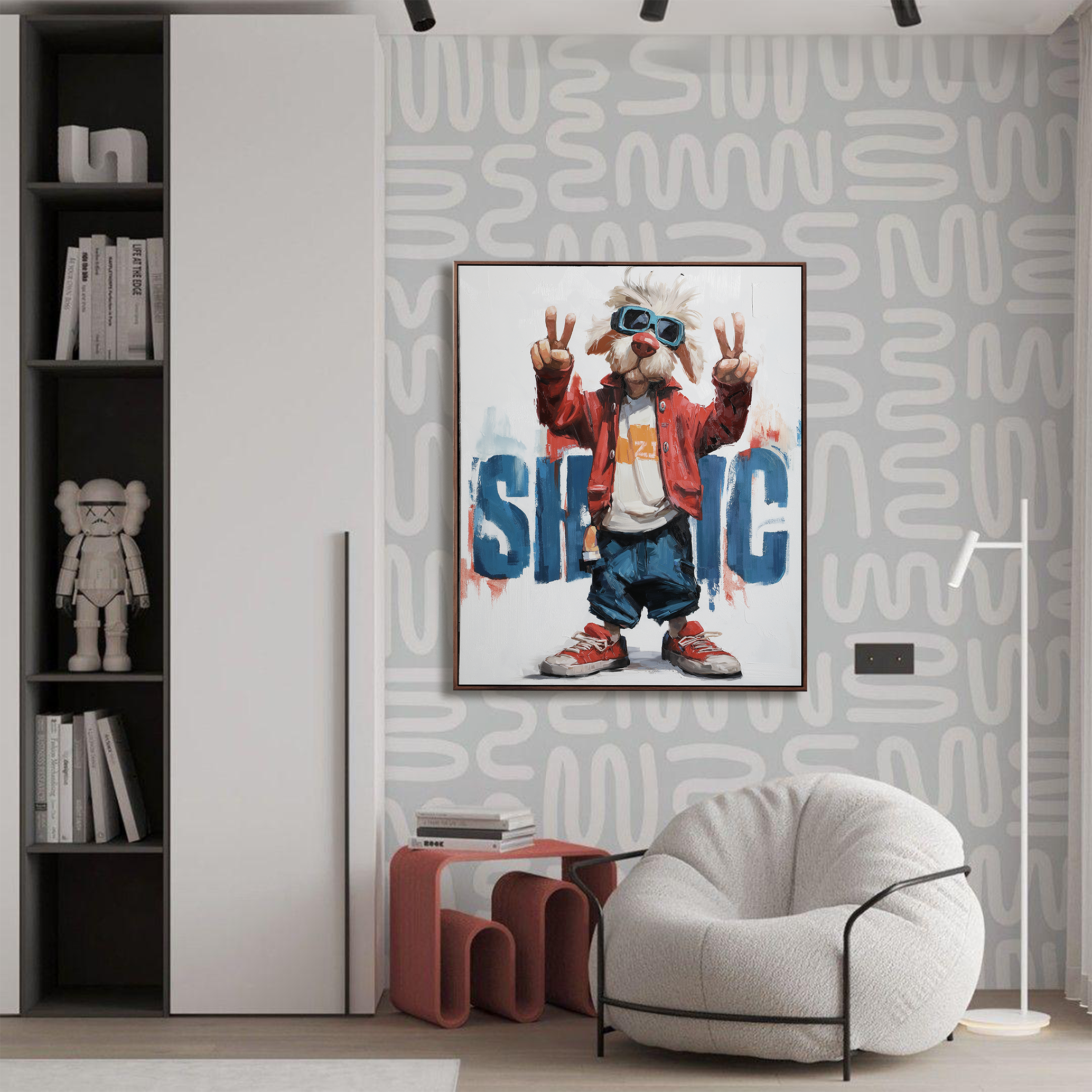 Street Vibes – Abstract Pop Art Dog Oil Painting, Modern Animal Wall Art for Youthful Spaces