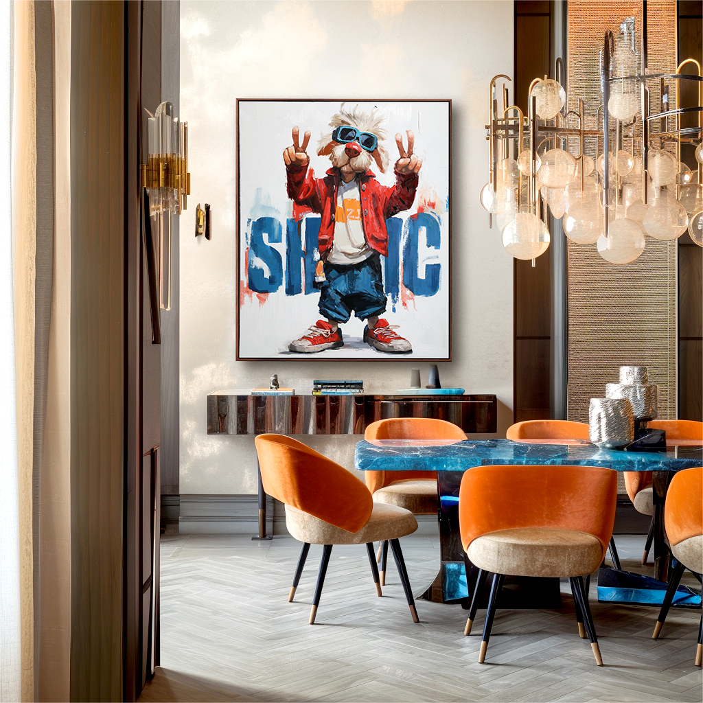 Street Vibes – Abstract Pop Art Dog Oil Painting, Modern Animal Wall Art for Youthful Spaces