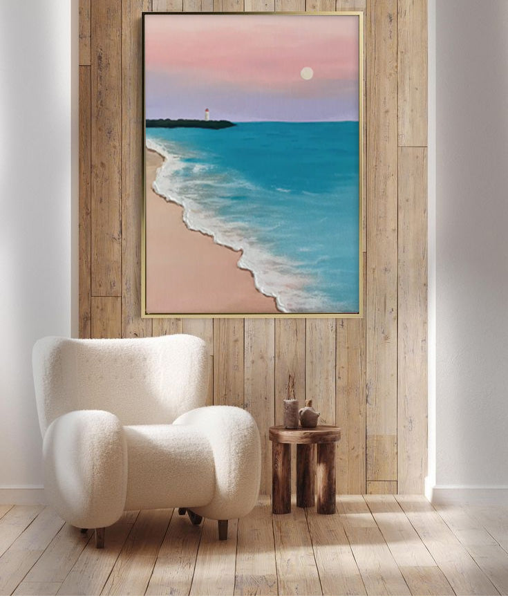 Wallart Serene Beach with Lighthouse Sunset