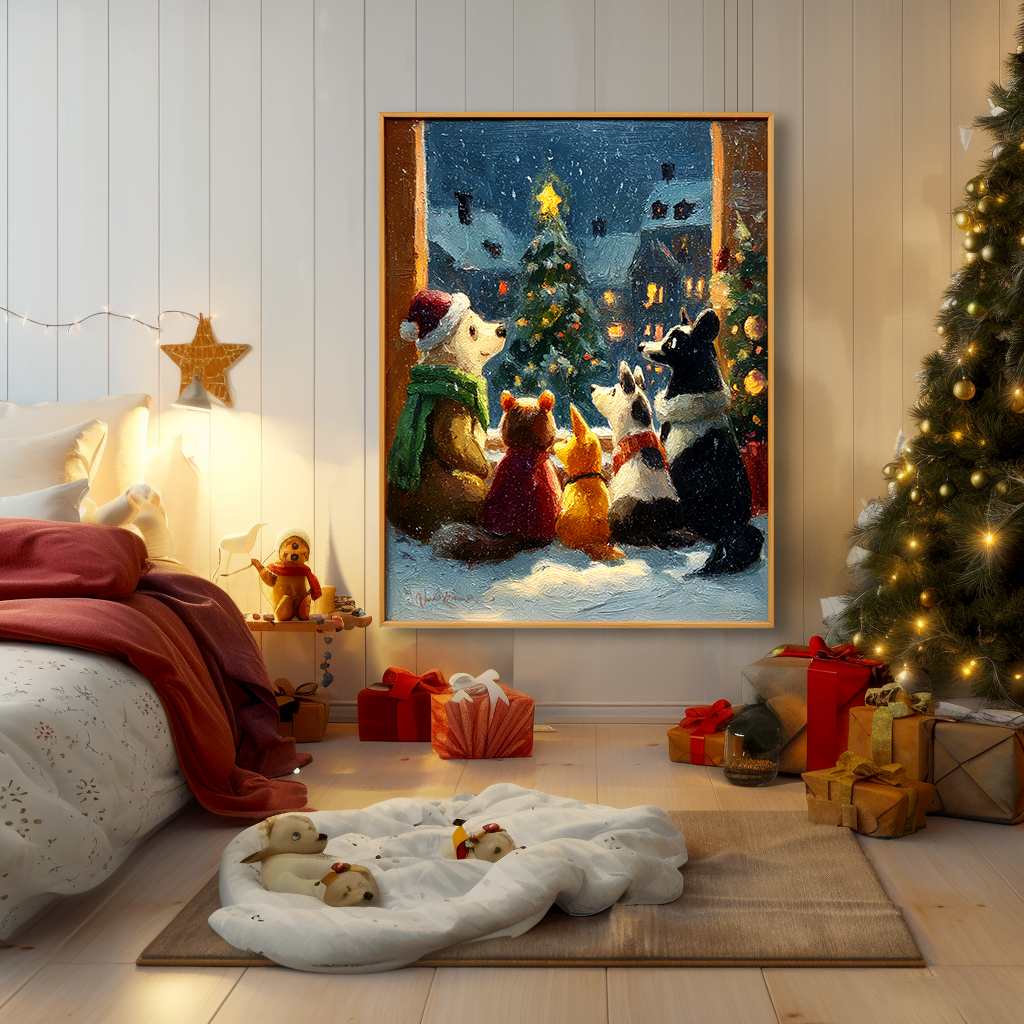 Christmas Companions – Cozy Animal Friends Textured Holiday Oil Painting