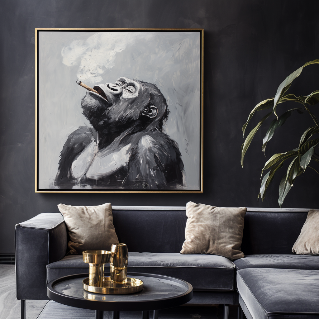 Smoky Reflection - Monochromatic Abstract Gorilla Oil Painting for Modern Interiors