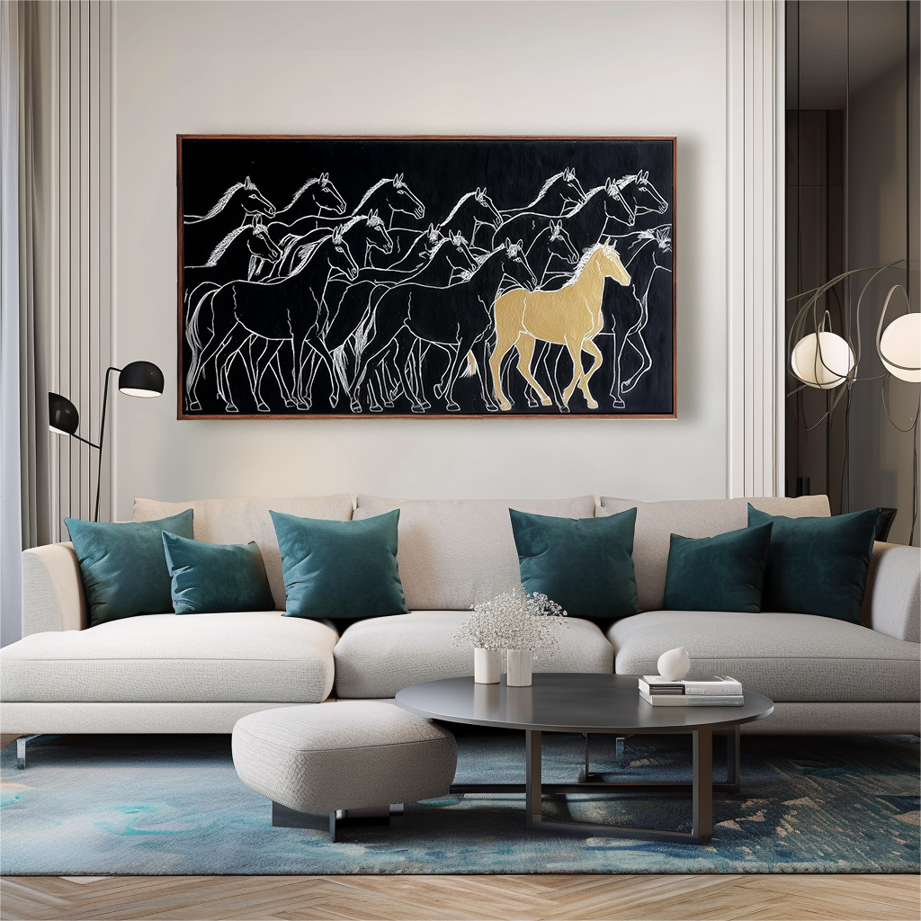 Golden Stride – Modern Minimalist Horse Painting Black and Gold Wall Art