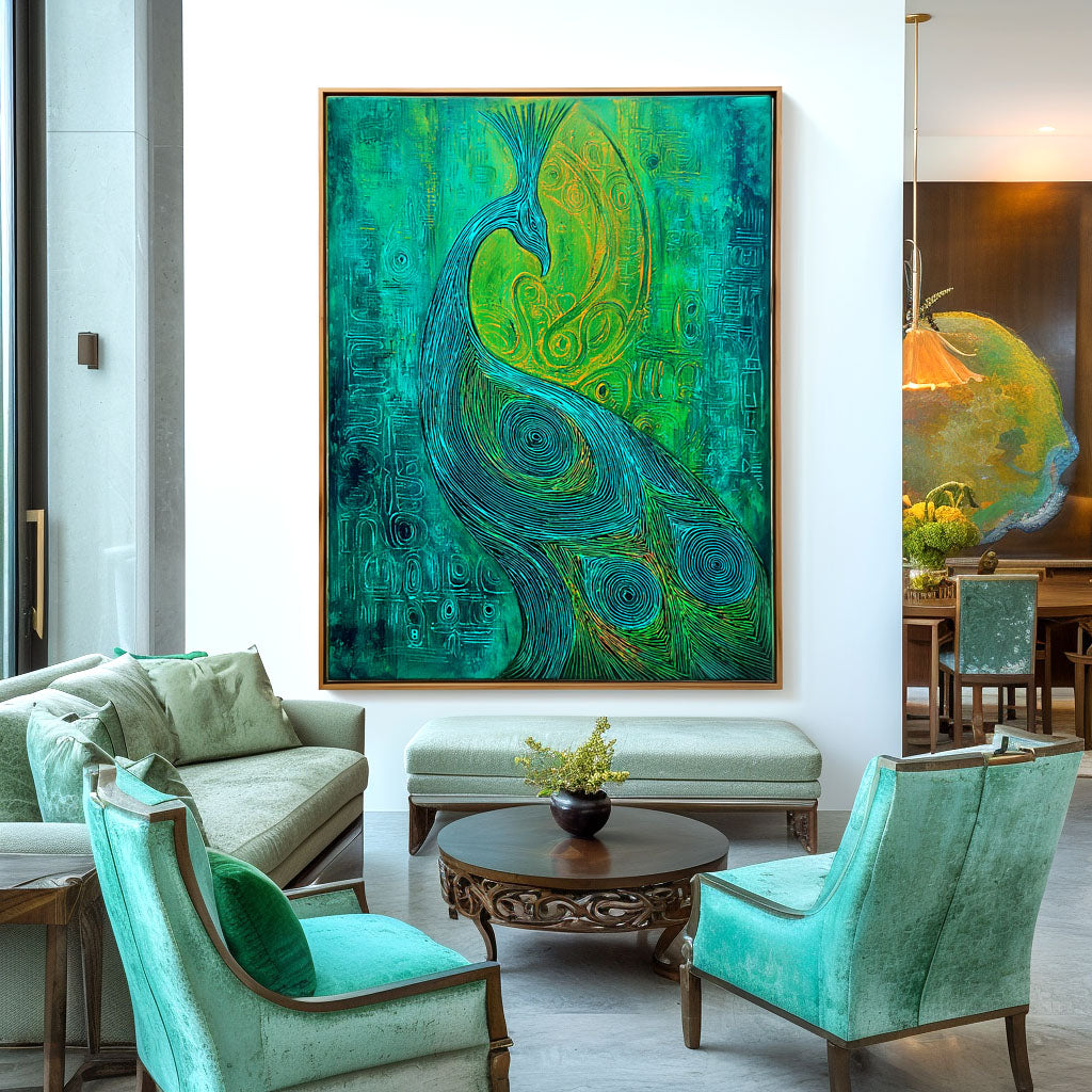 Emerald Muse - Textured Blue and Green Peacock Oil Painting