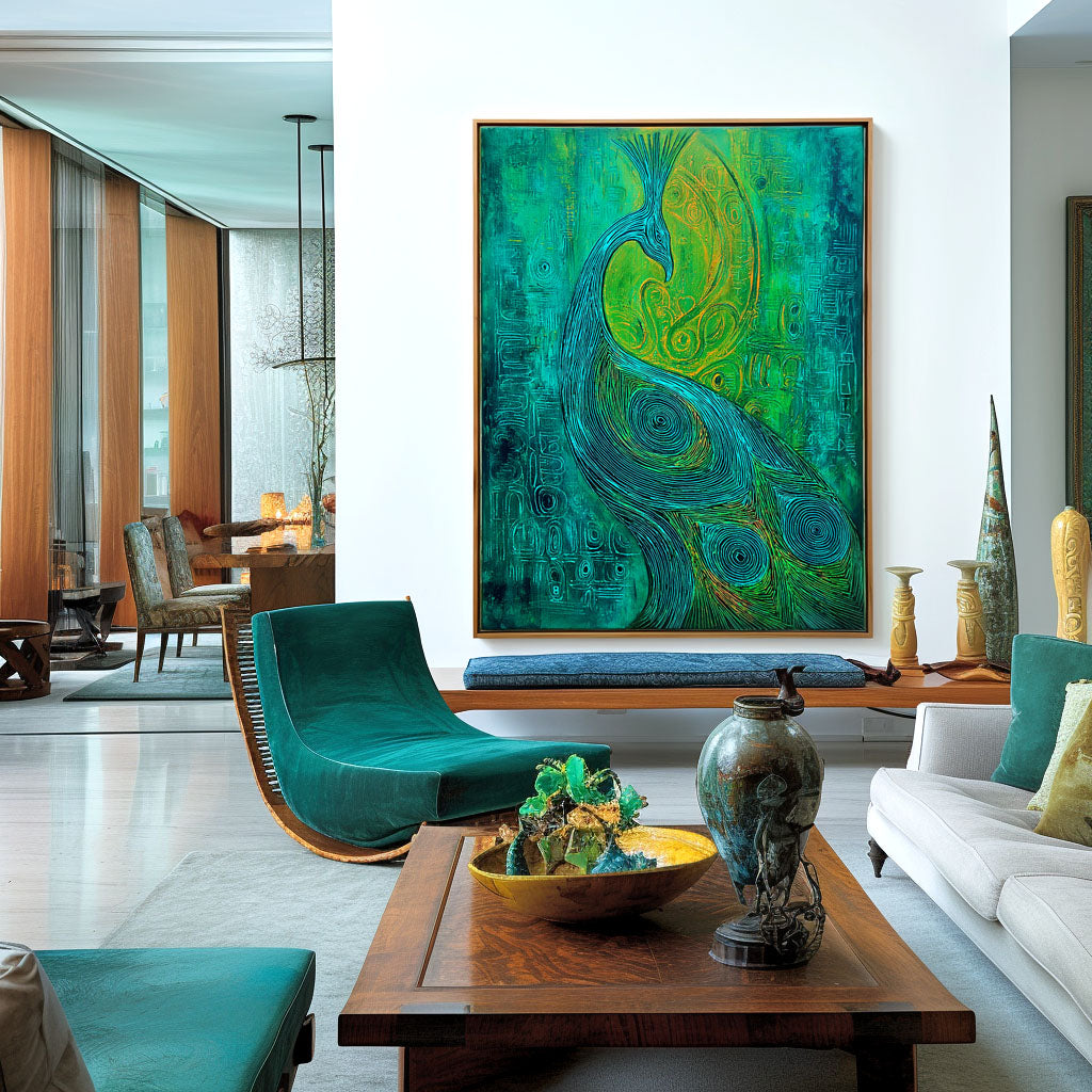 Emerald Muse - Textured Blue and Green Peacock Oil Painting