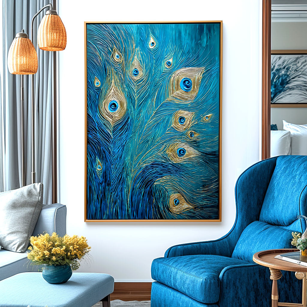 Gilded Whisper - Textured Blue and Gold Feather Oil Painting