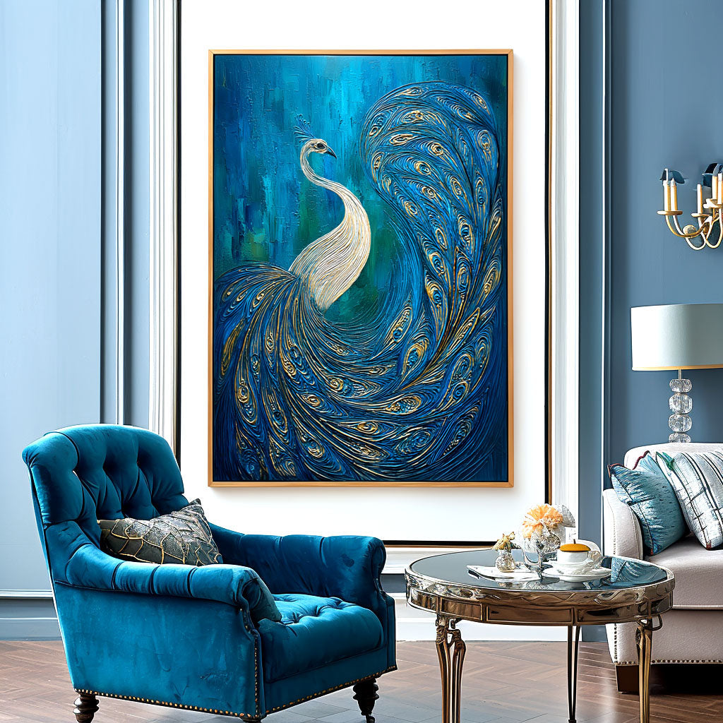 Luminous Tail - Textured Blue and Gold Peacock Oil Painting