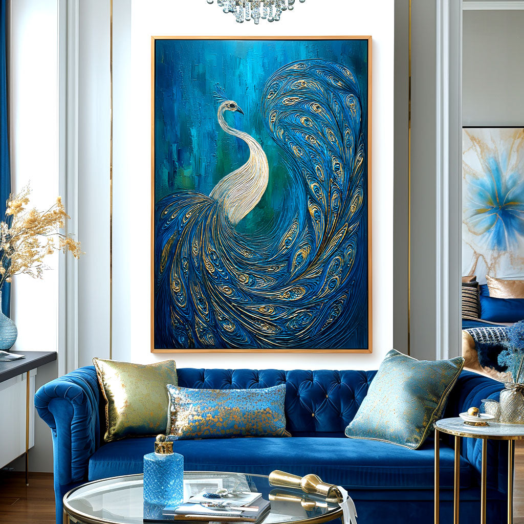 Luminous Tail - Textured Blue and Gold Peacock Oil Painting