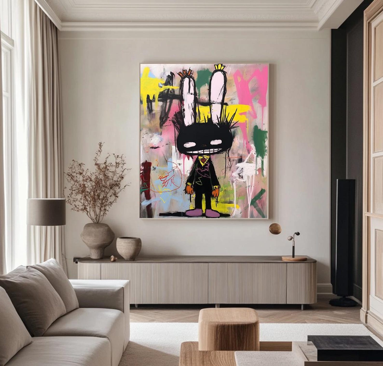 Rebel Bunny – Vibrant Graffiti Art Cartoon Rabbit Wall Decor