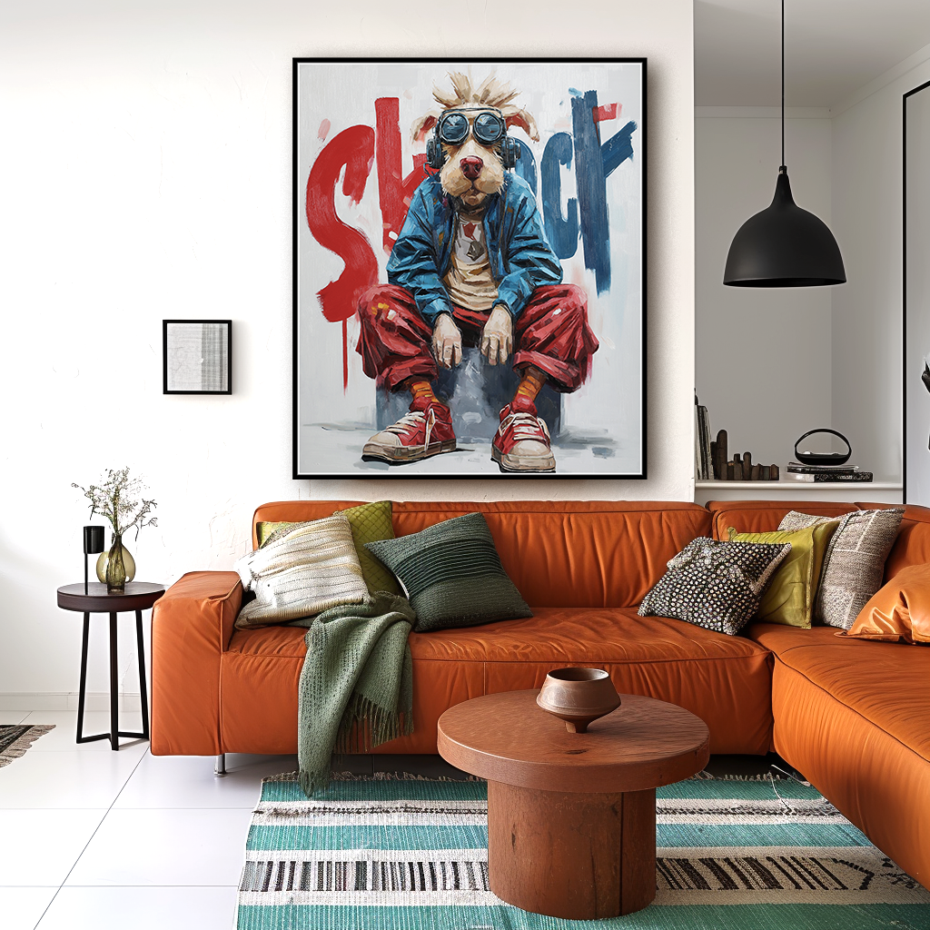 Chill Mode – Pop Art Dog Oil Painting, Urban Street Style Animal Wall Art for Modern Interiors
