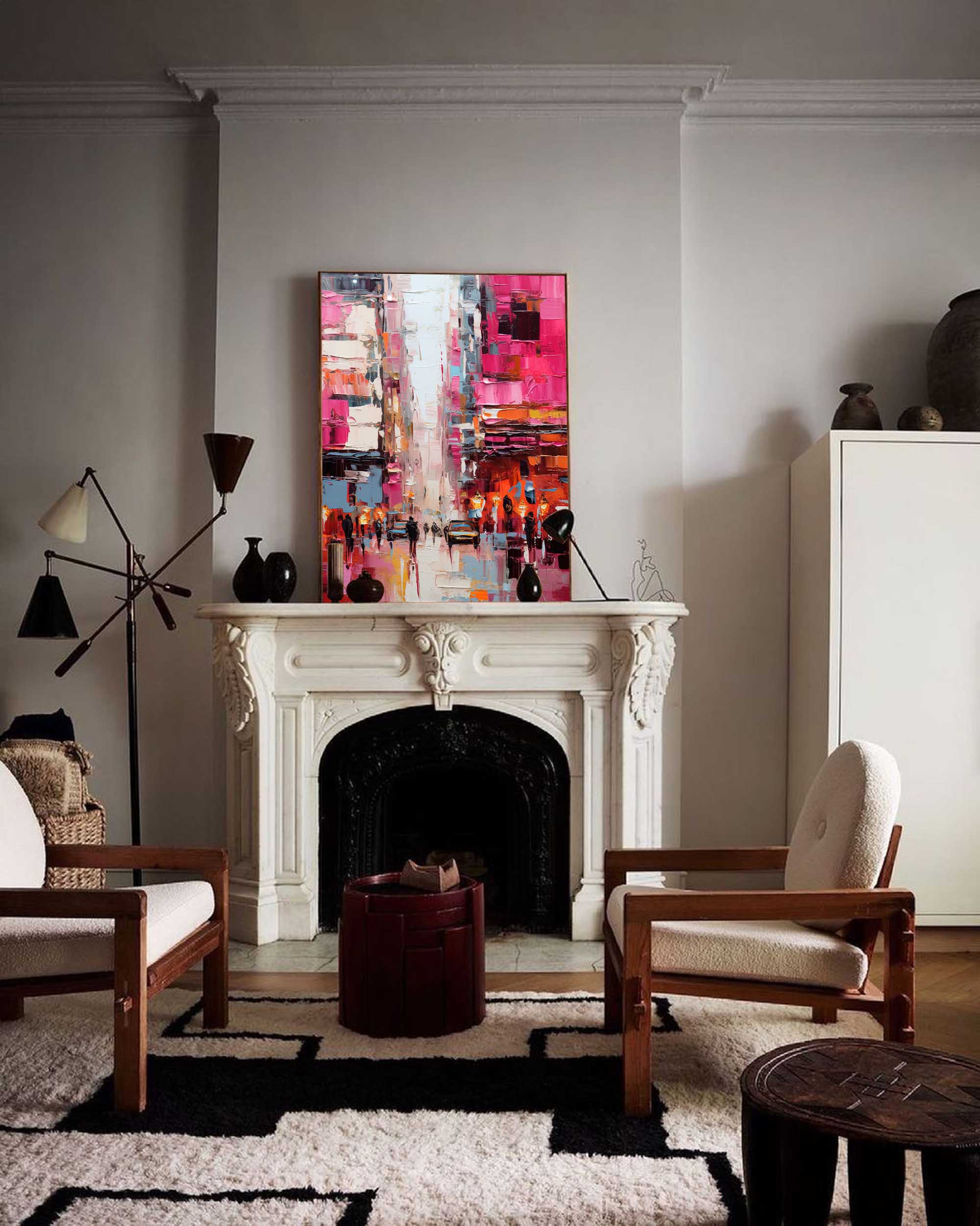 Wallart City Streets in Pink Hues Oil Painting
