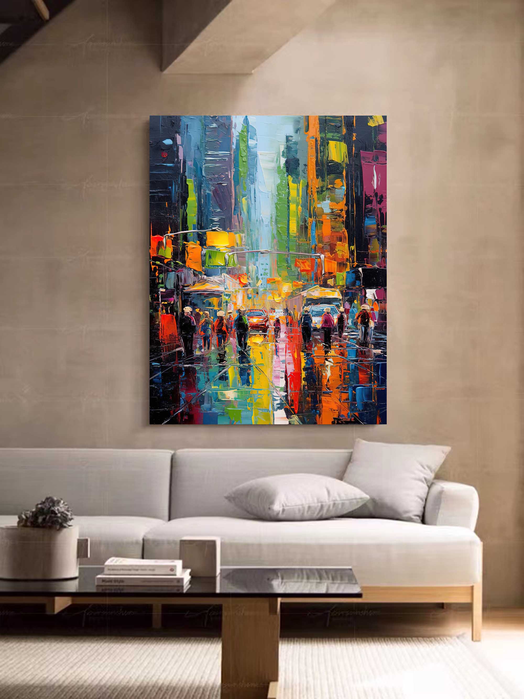 Wallart Rainy City Night Lights Oil Painting
