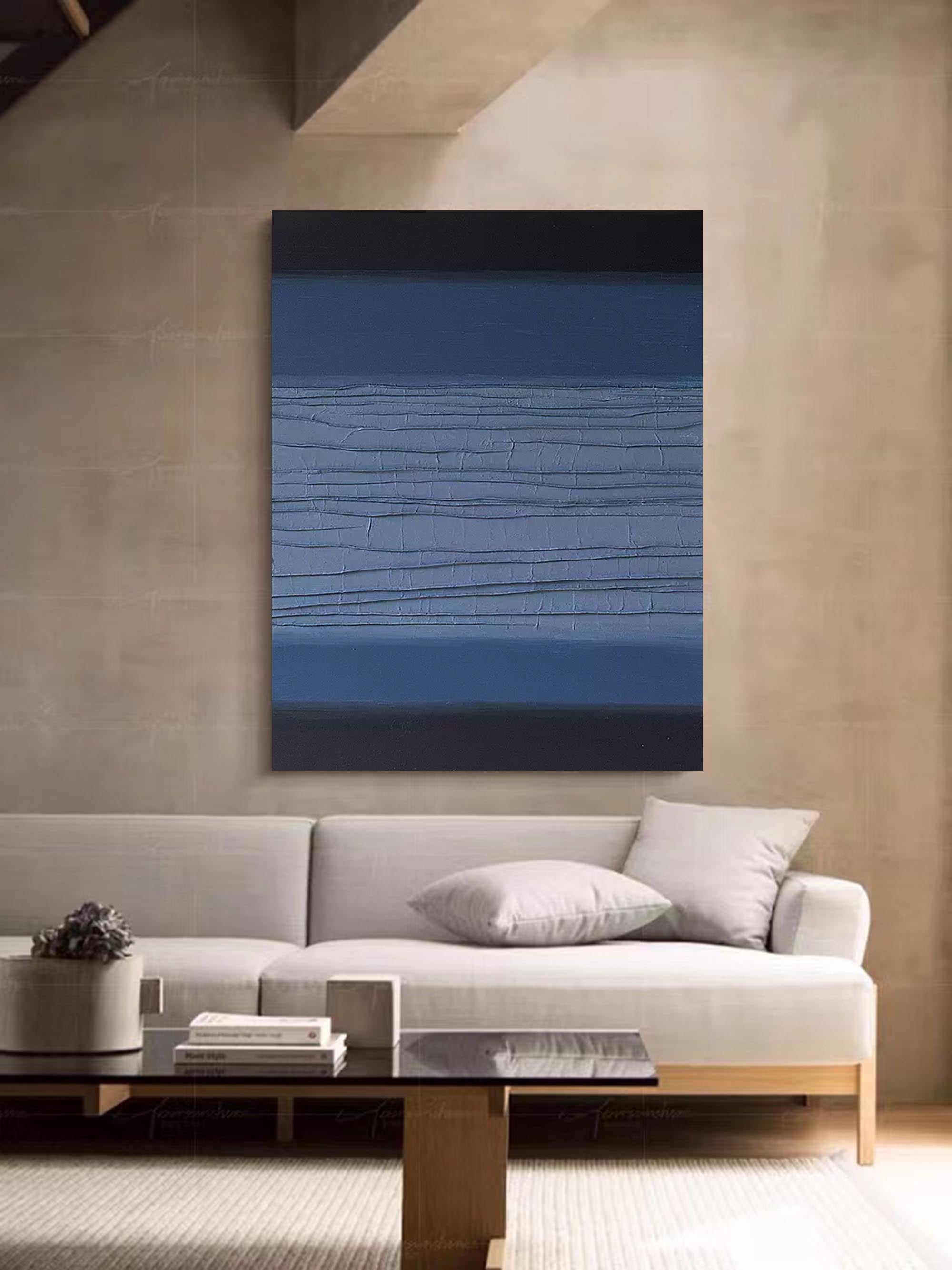 Wallart Textured Blue and Black Abstract Oil Painting – Contemporary Wall Art