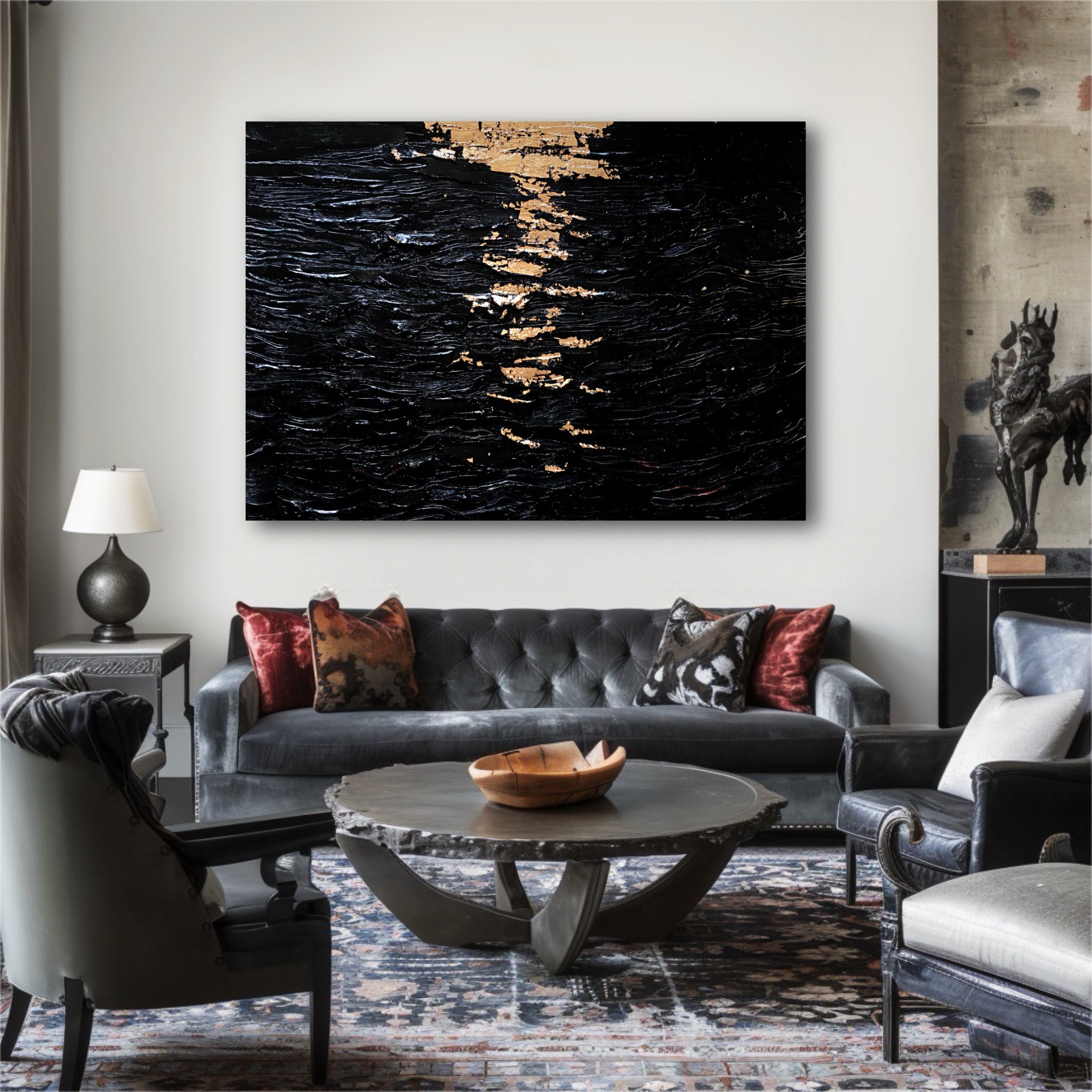 Abstract black and silent ocean texture painting