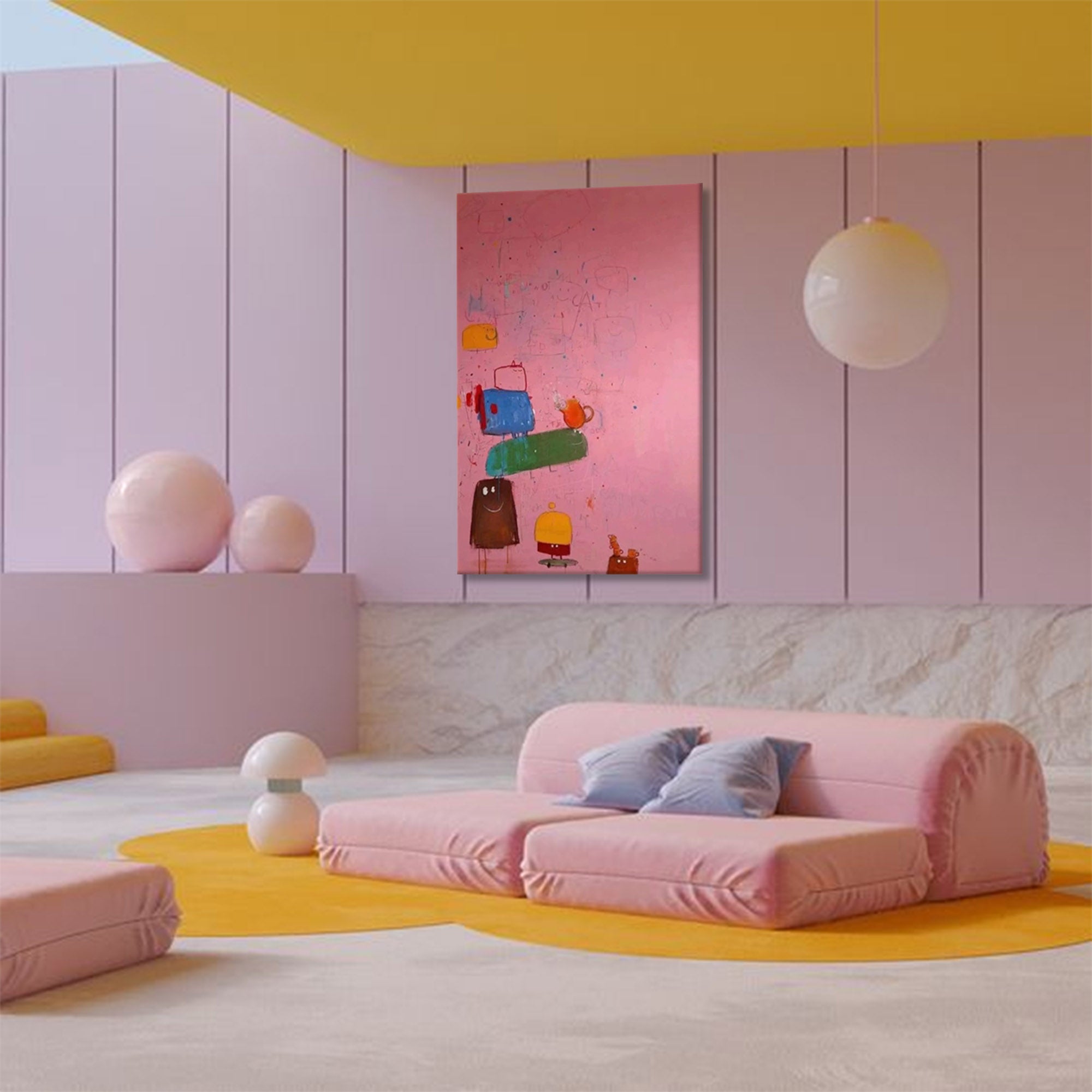 Wallart Playful Stacked Characters Pink Abstract Canvas Art