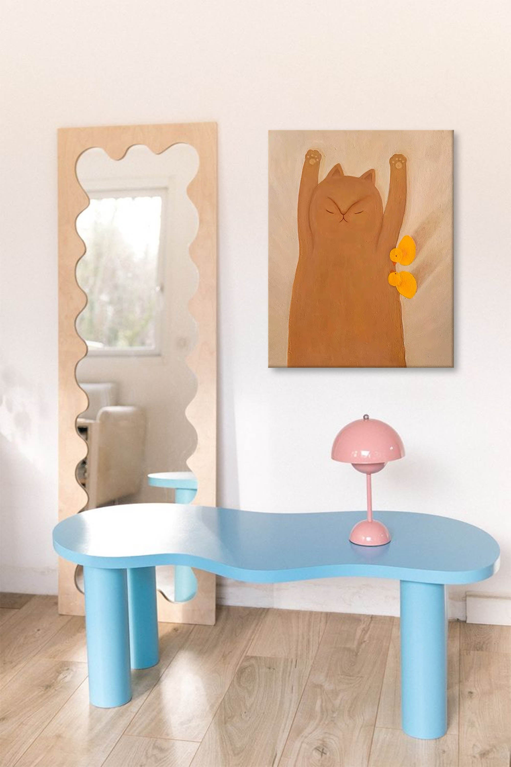 Wallart Adorable Cat and Ducks Minimalist Canvas Art
