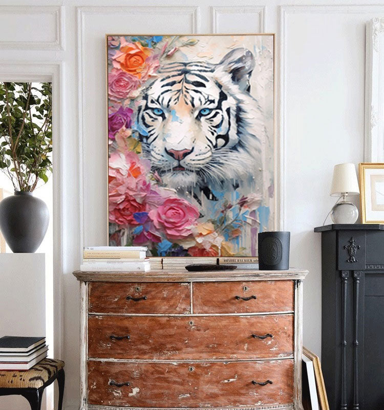 Wallart White Tiger with Blossoms