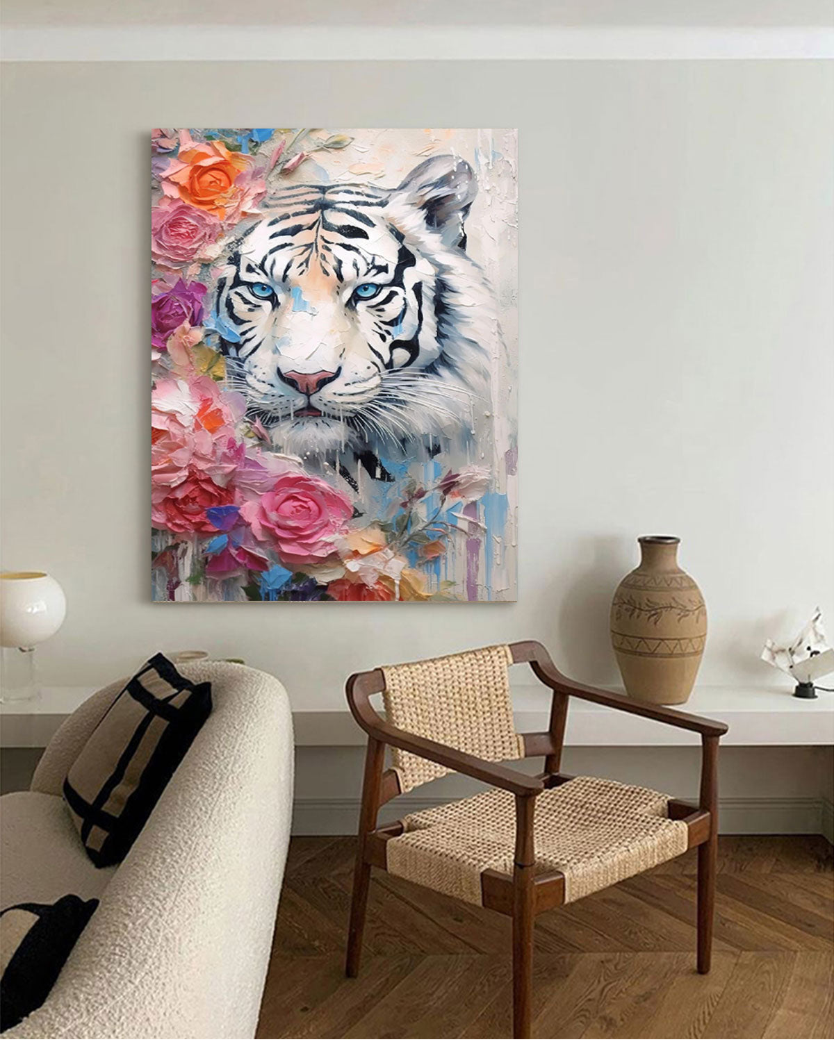 Wallart White Tiger with Blossoms