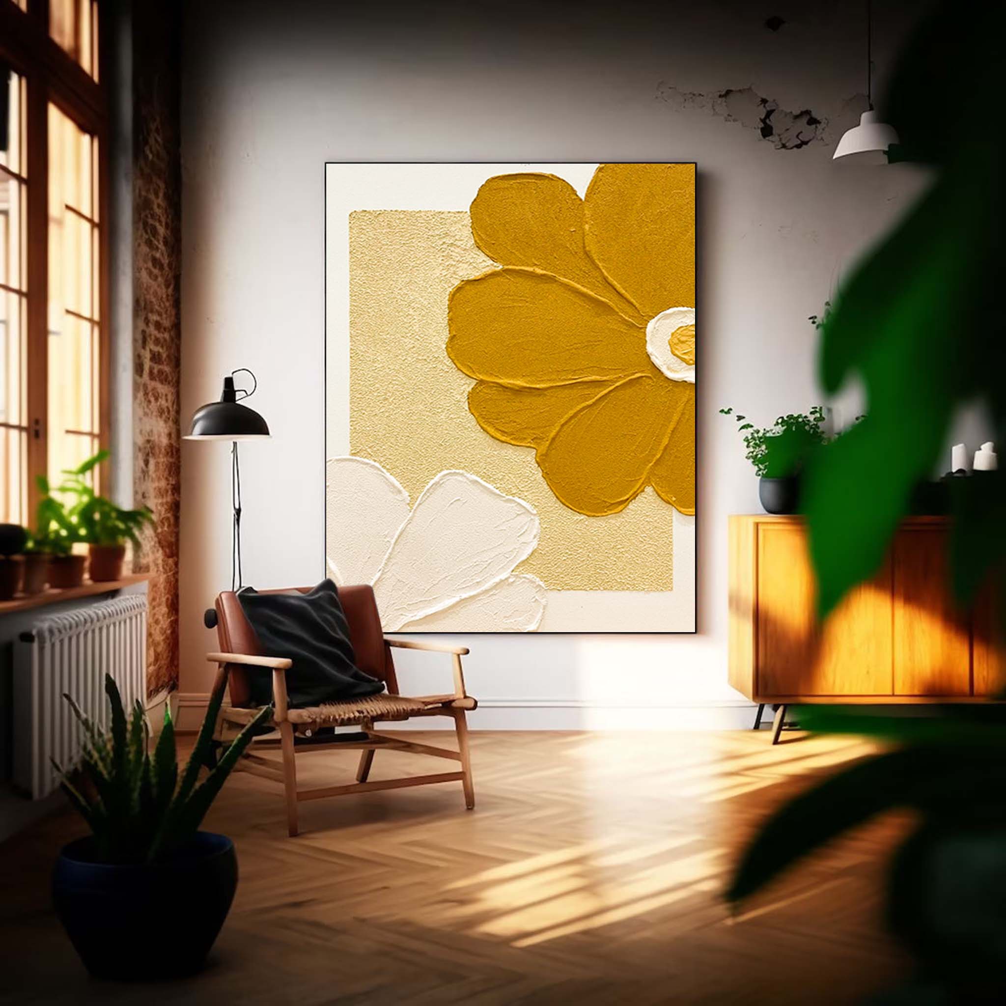 Wallart Golden and White Floral Relief Art